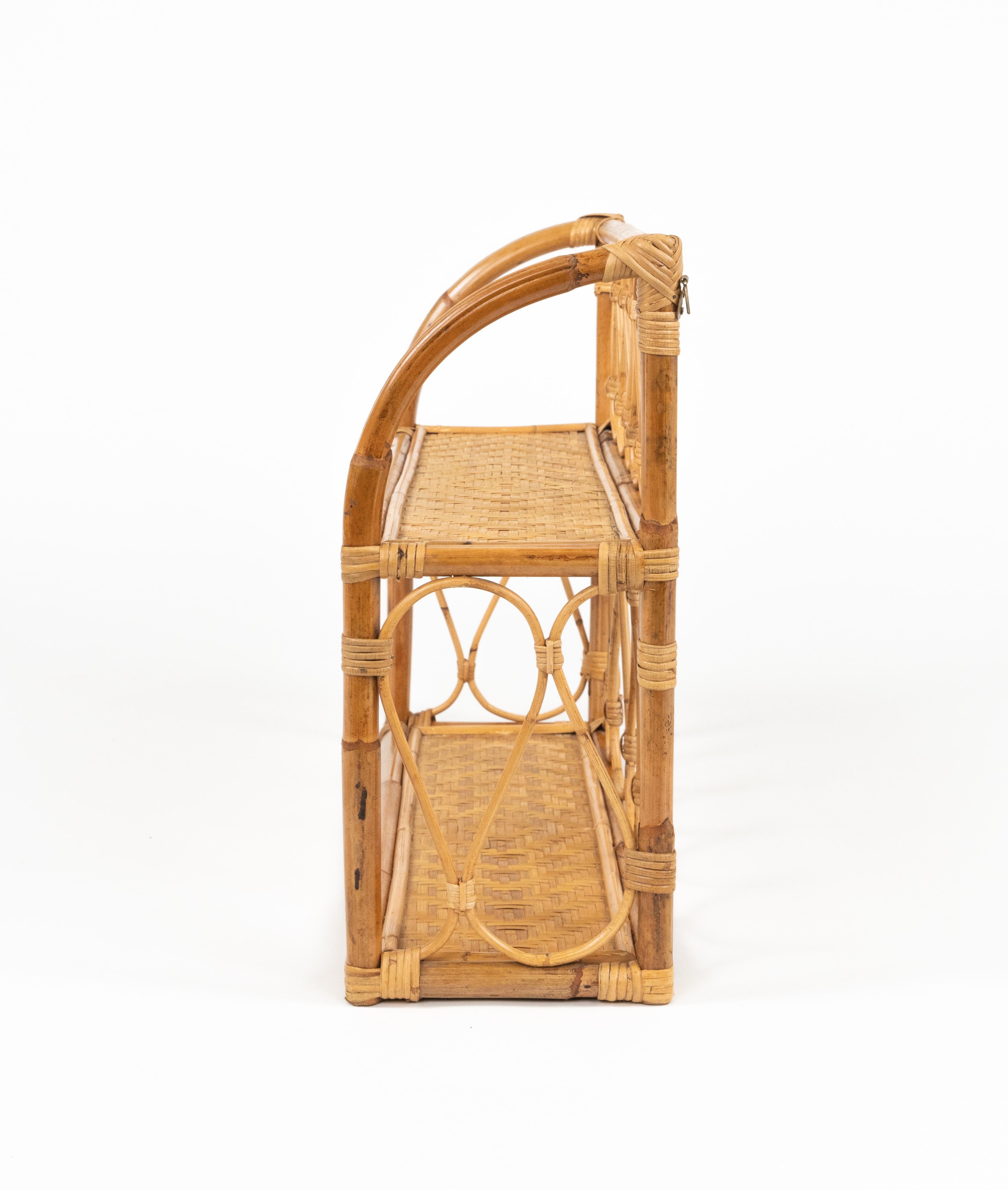 Midcentury Rattan and Bamboo Two-Tier Wall Shelf, Italy 1970s For Sale 4