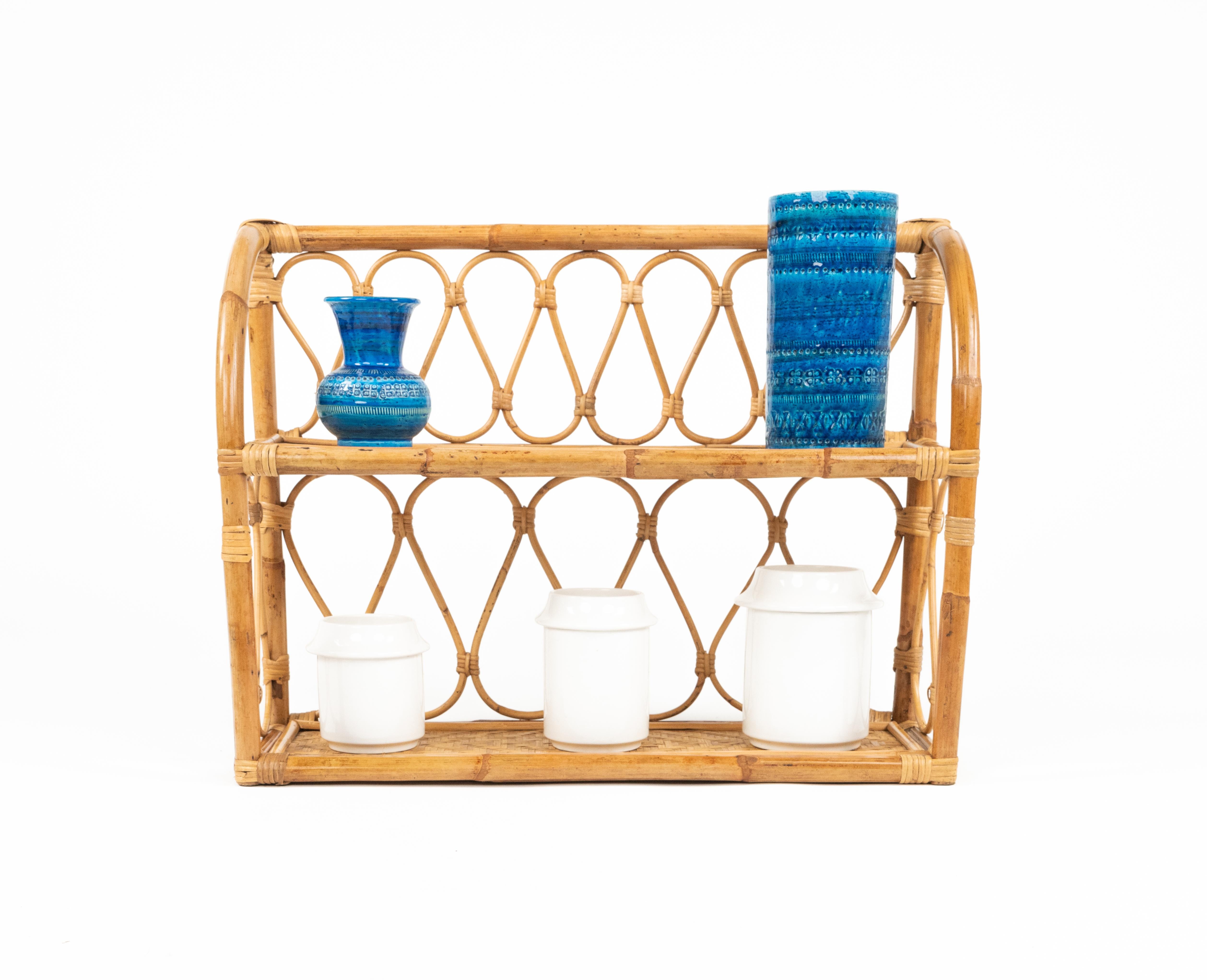 Midcentury Rattan and Bamboo Two-Tier Wall Shelf, Italy 1970s For Sale 5