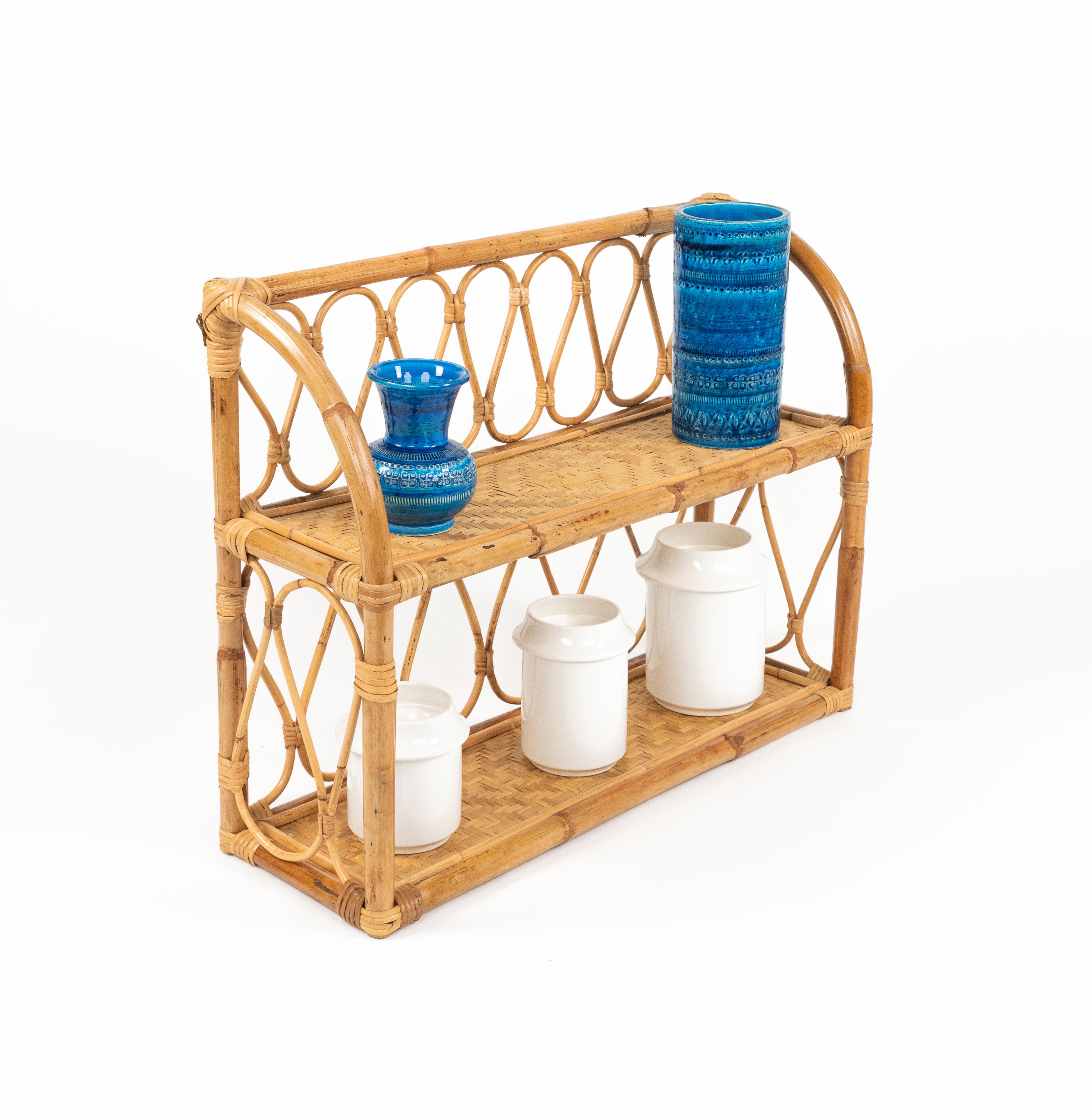 Midcentury Rattan and Bamboo Two-Tier Wall Shelf, Italy 1970s For Sale 6