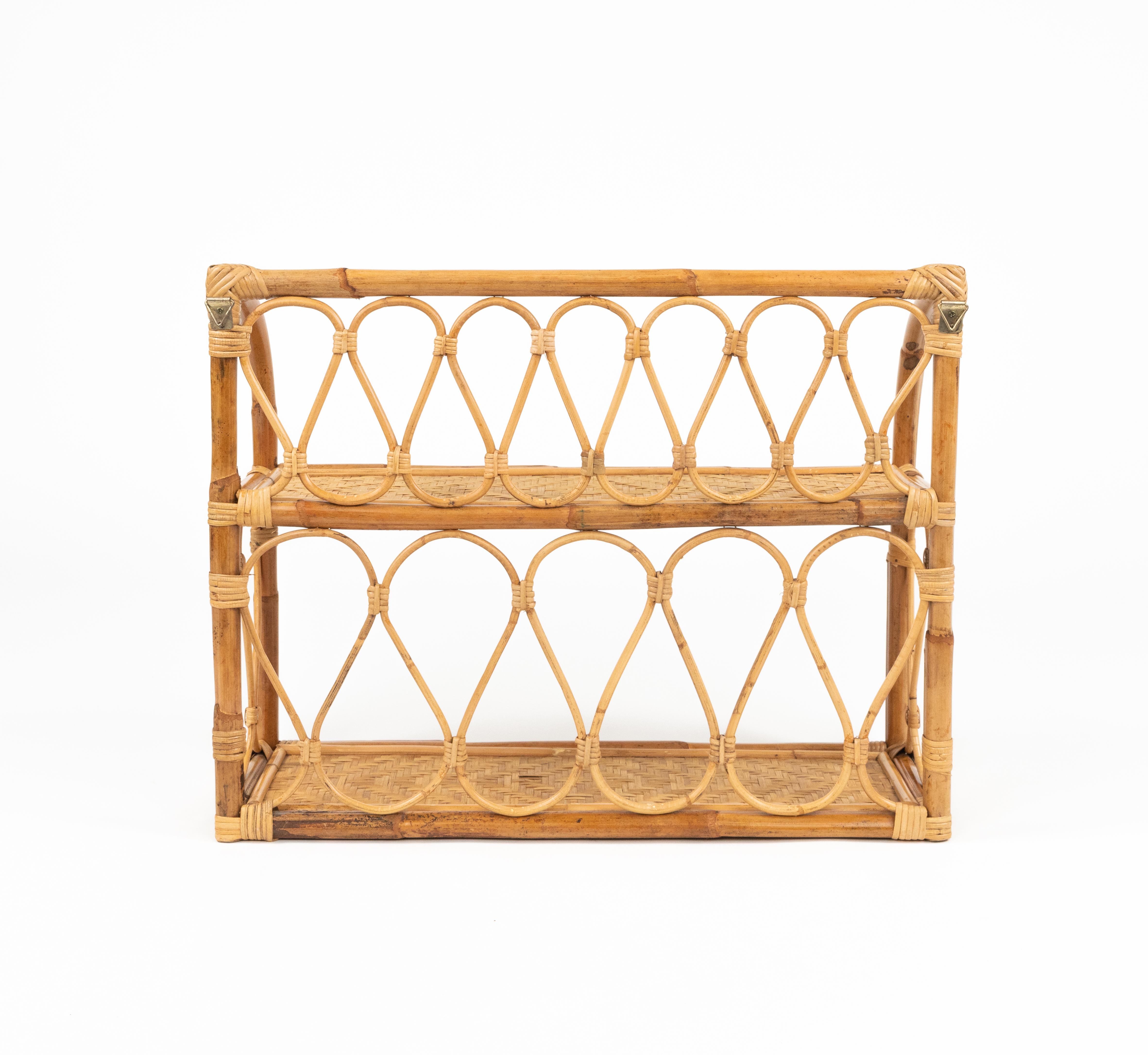 Midcentury Rattan and Bamboo Two-Tier Wall Shelf, Italy 1970s For Sale 7