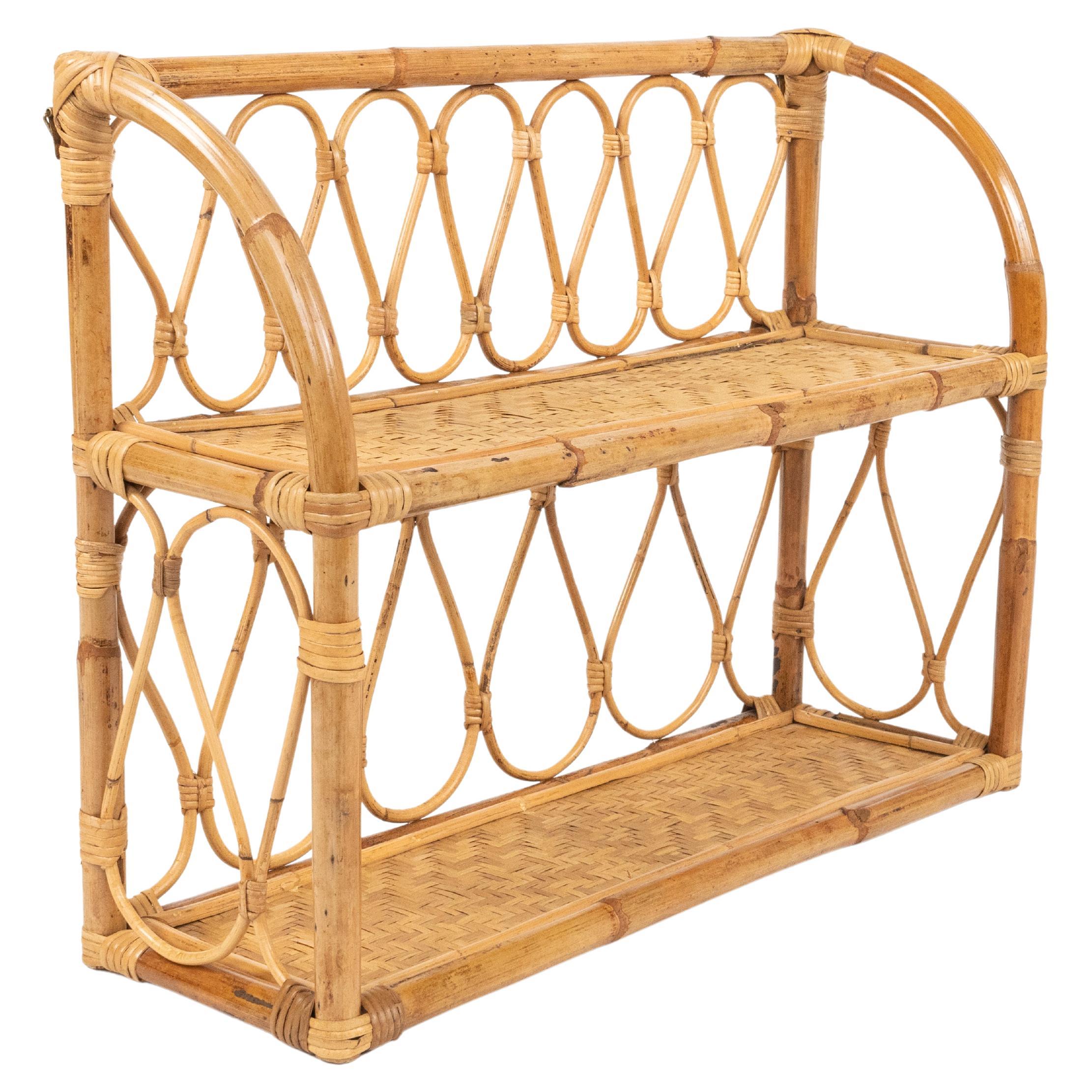 Midcentury Rattan and Bamboo Two-Tier Wall Shelf, Italy 1970s For Sale 8