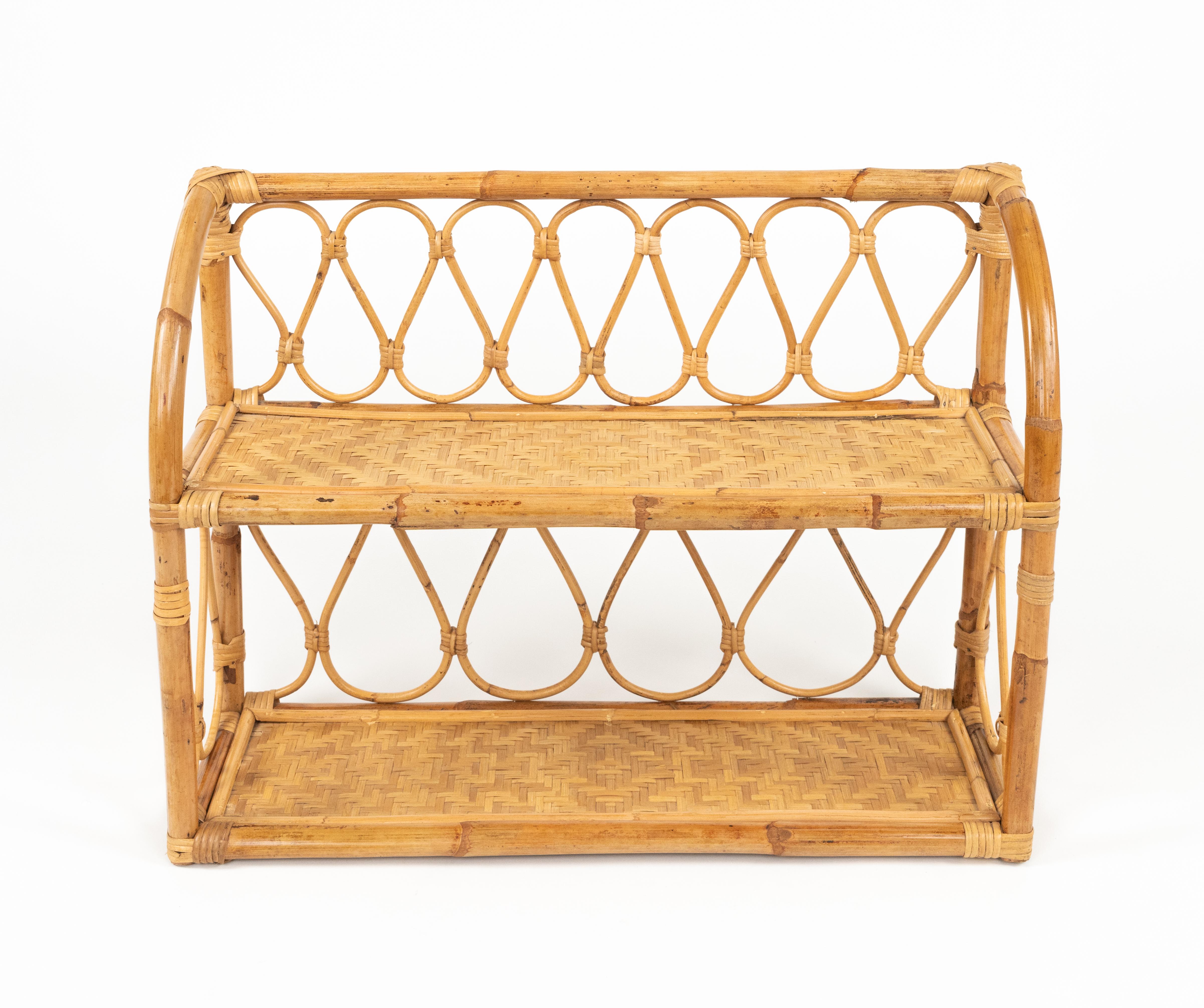 Mid-Century Modern Midcentury Rattan and Bamboo Two-Tier Wall Shelf, Italy 1970s For Sale