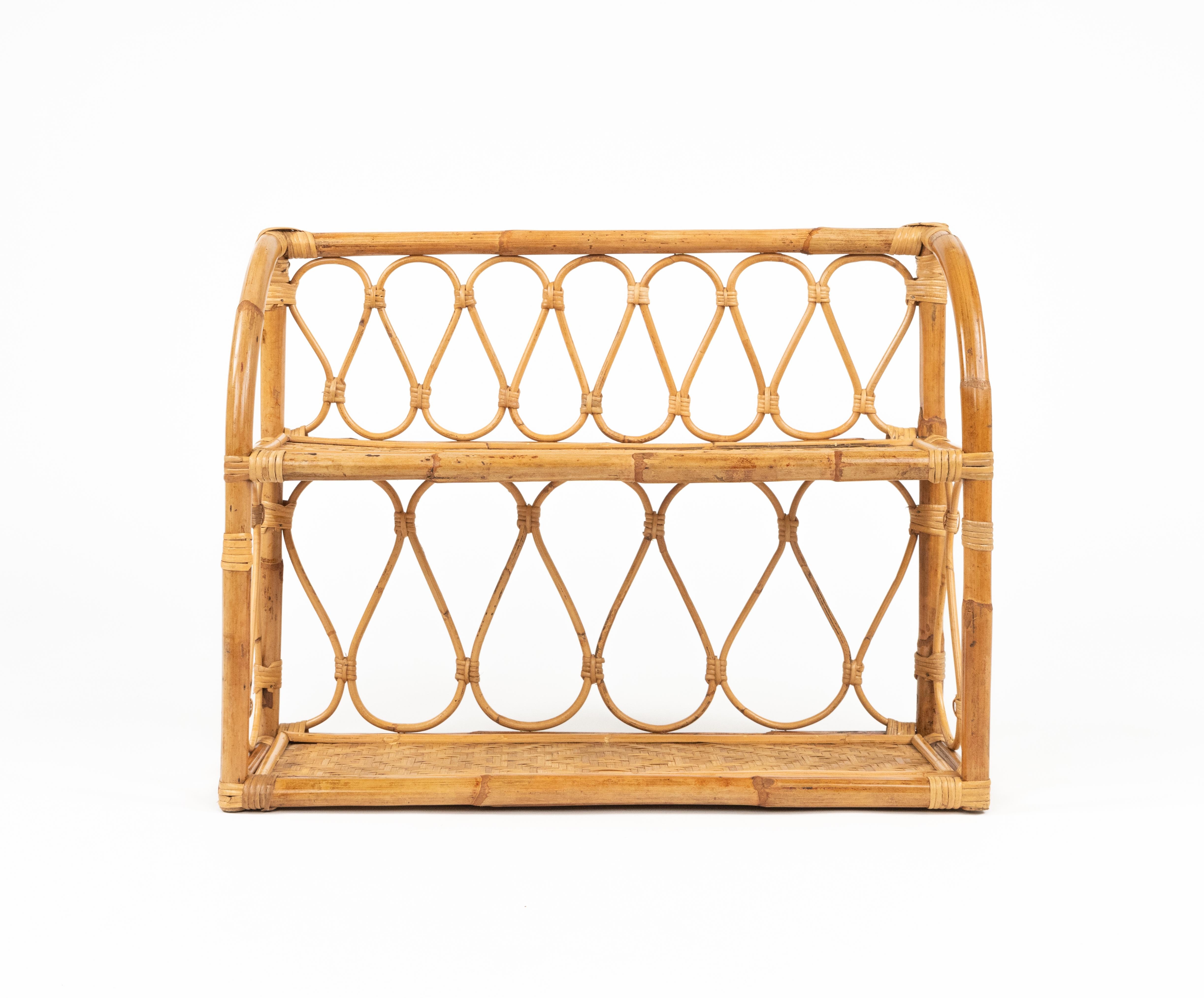 Italian Midcentury Rattan and Bamboo Two-Tier Wall Shelf, Italy 1970s For Sale
