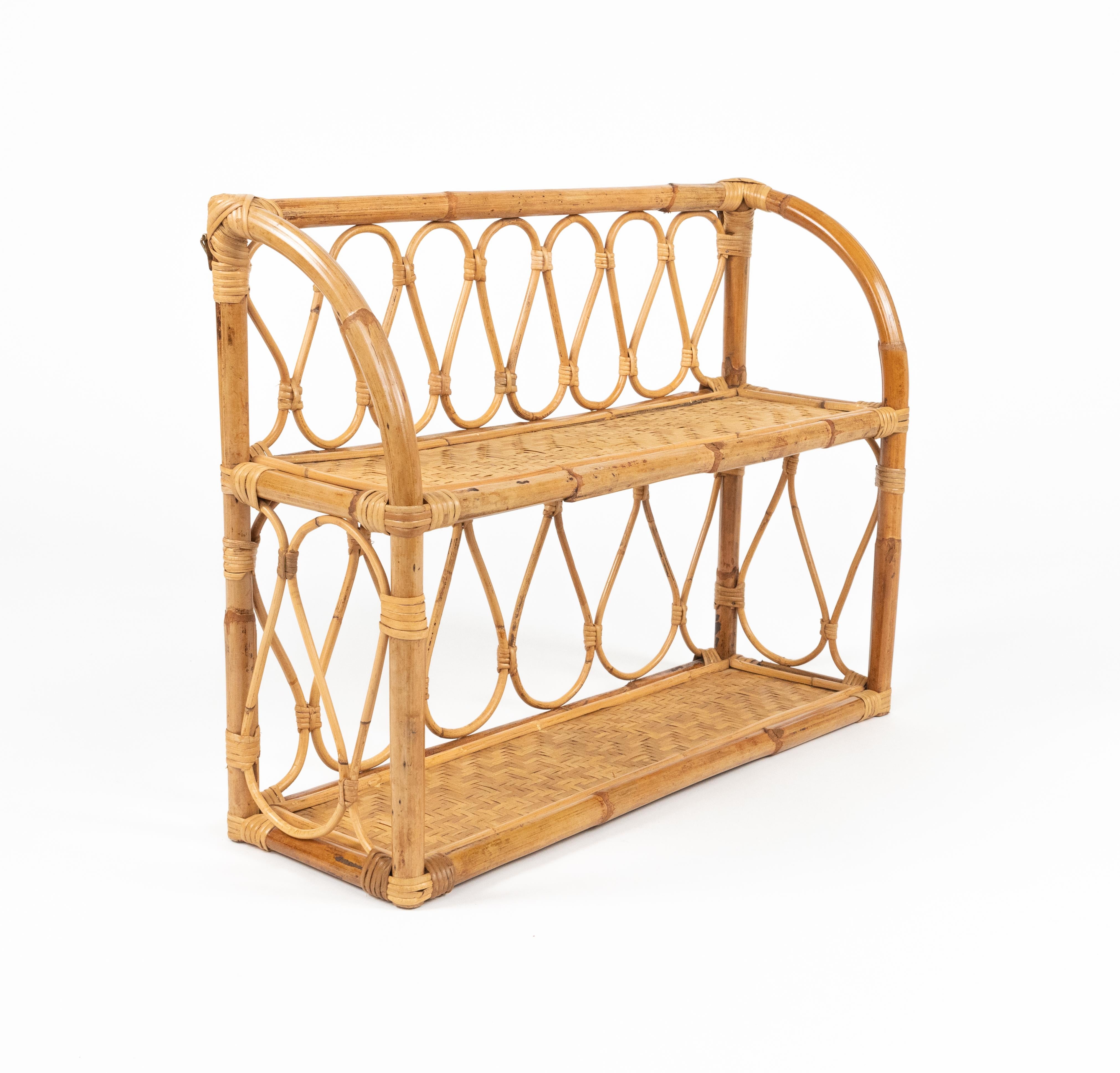 Hand-Crafted Midcentury Rattan and Bamboo Two-Tier Wall Shelf, Italy 1970s For Sale
