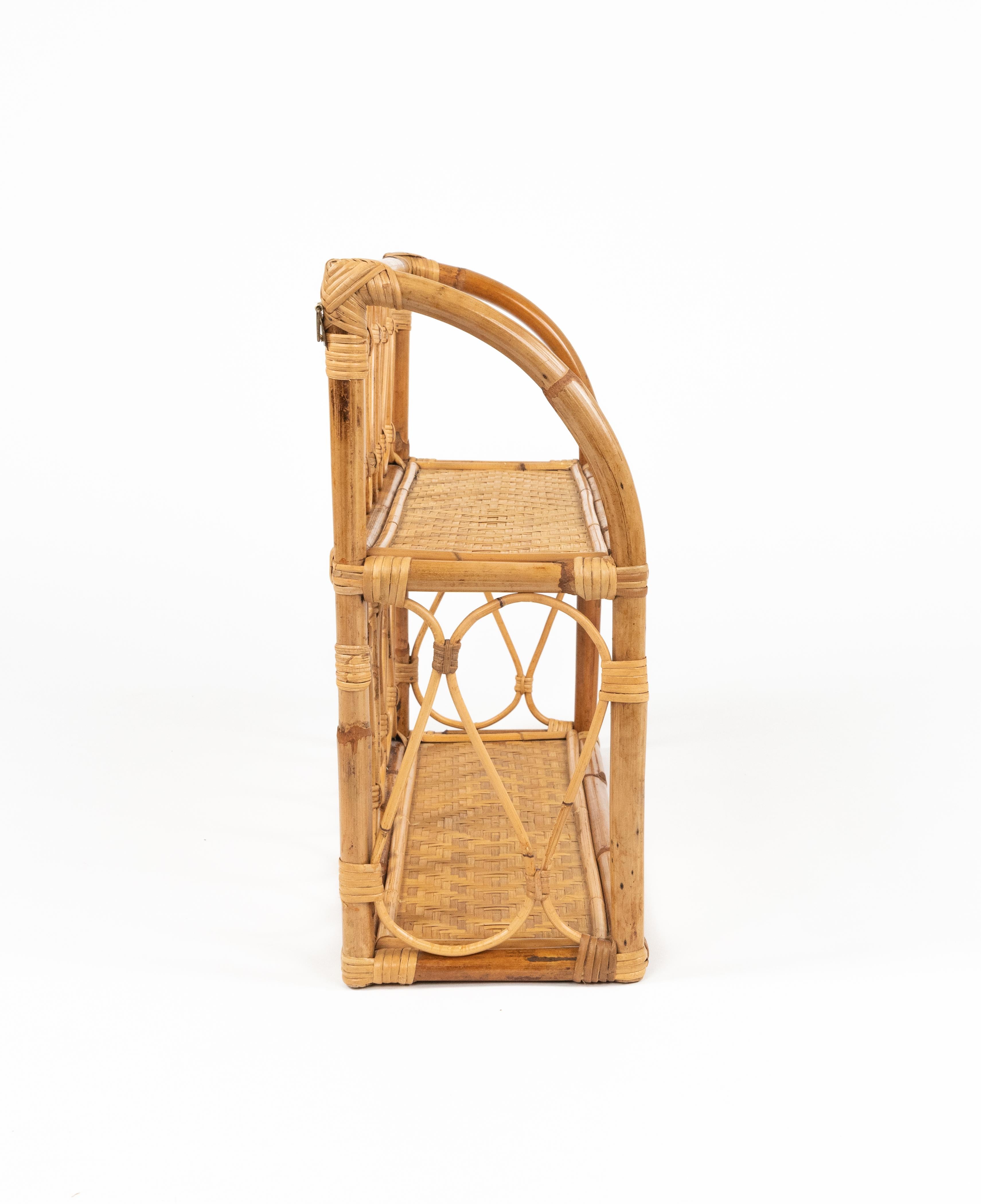 Late 20th Century Midcentury Rattan and Bamboo Two-Tier Wall Shelf, Italy 1970s For Sale
