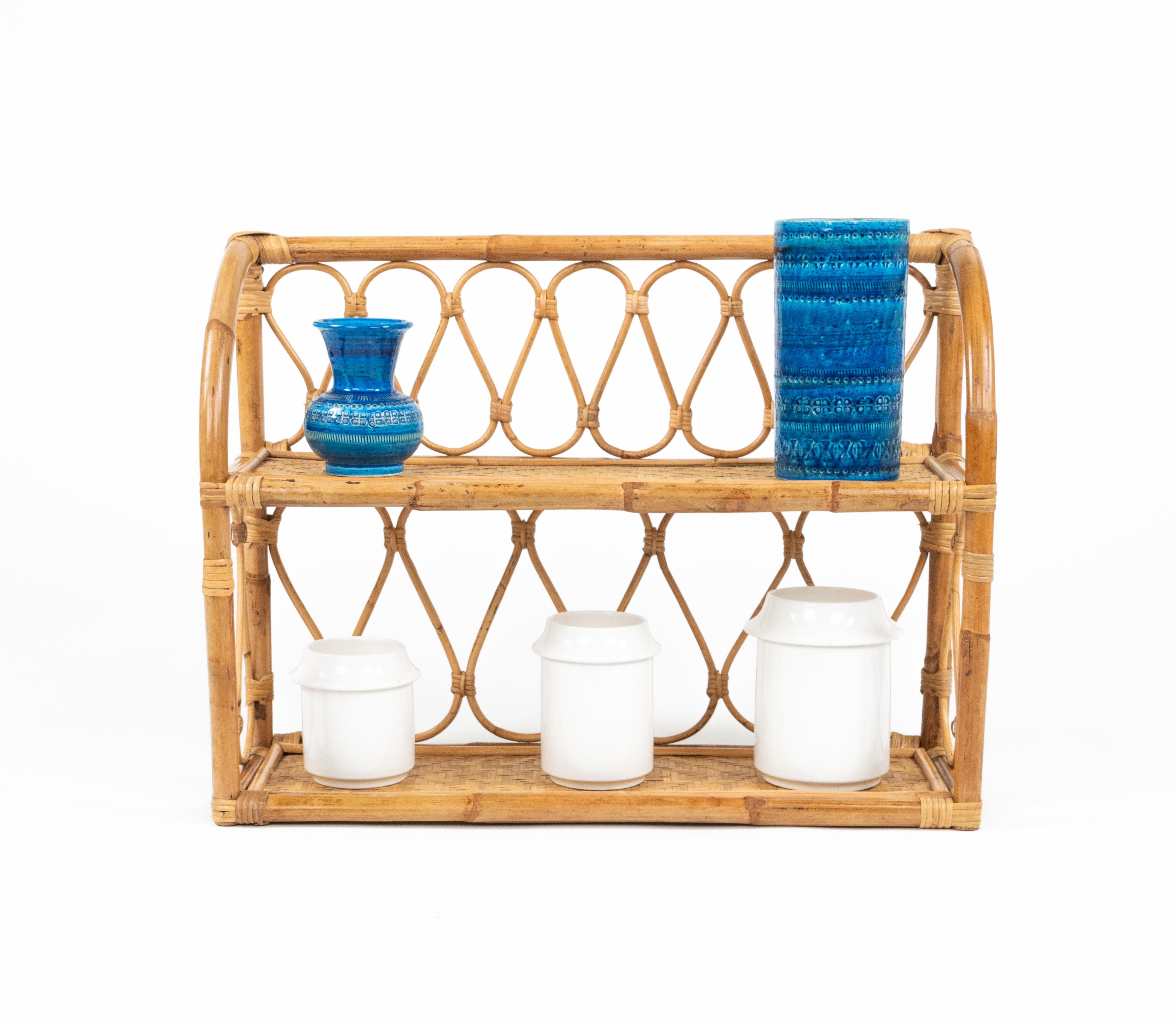 Midcentury Rattan and Bamboo Two-Tier Wall Shelf, Italy 1970s For Sale 1