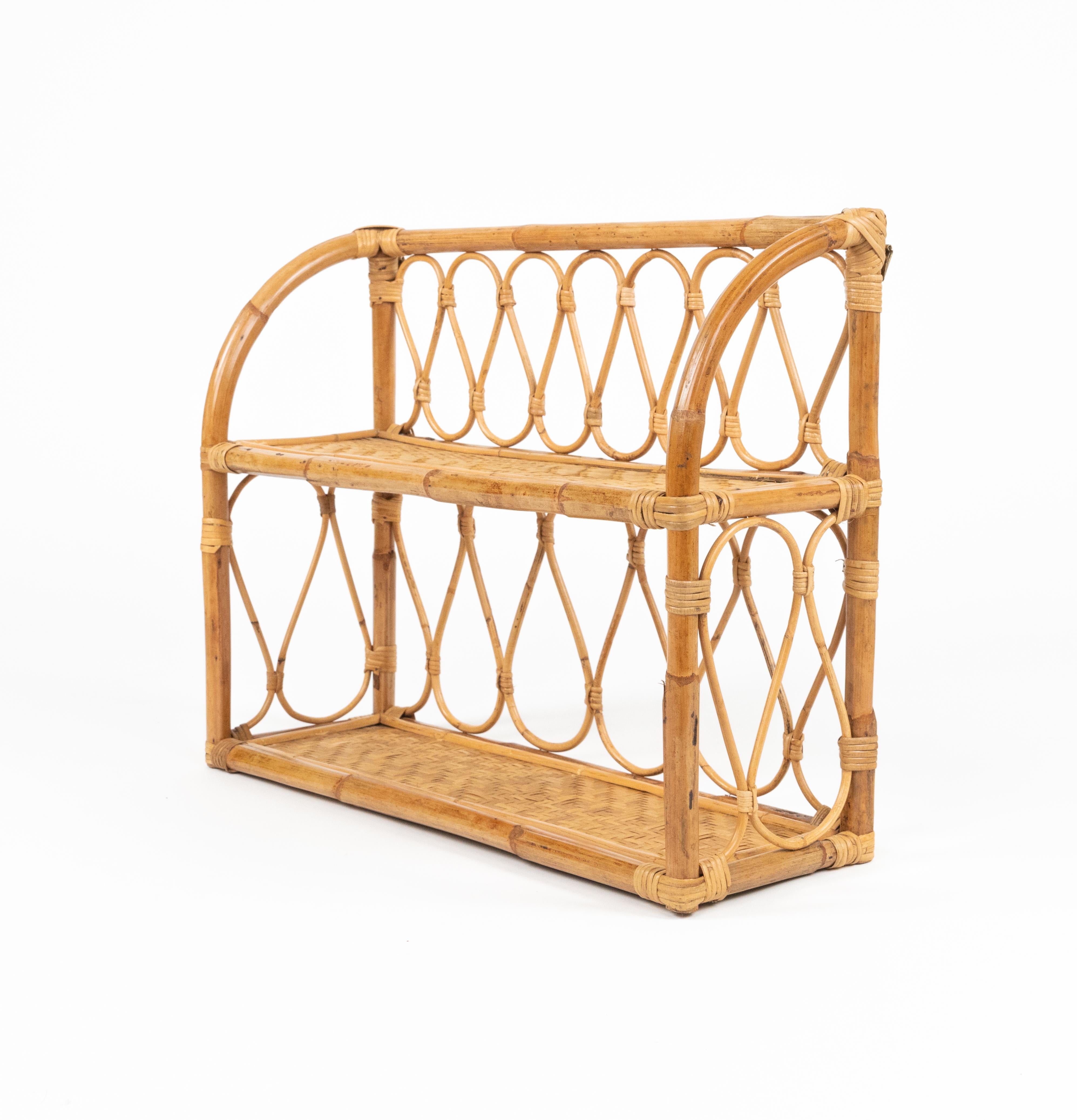 Midcentury Rattan and Bamboo Two-Tier Wall Shelf, Italy 1970s For Sale 2