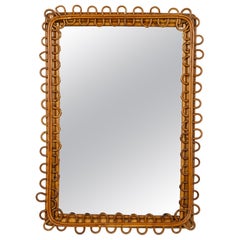 Midcentury Rattan and Bamboo Wall Mirror Franco Albini Style, Italy 1960s