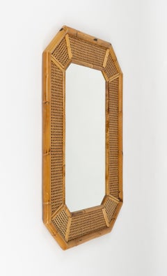Midcentury Rattan and Bamboo Wall Mirror Vivai Del Sud Style, Italy 1970s