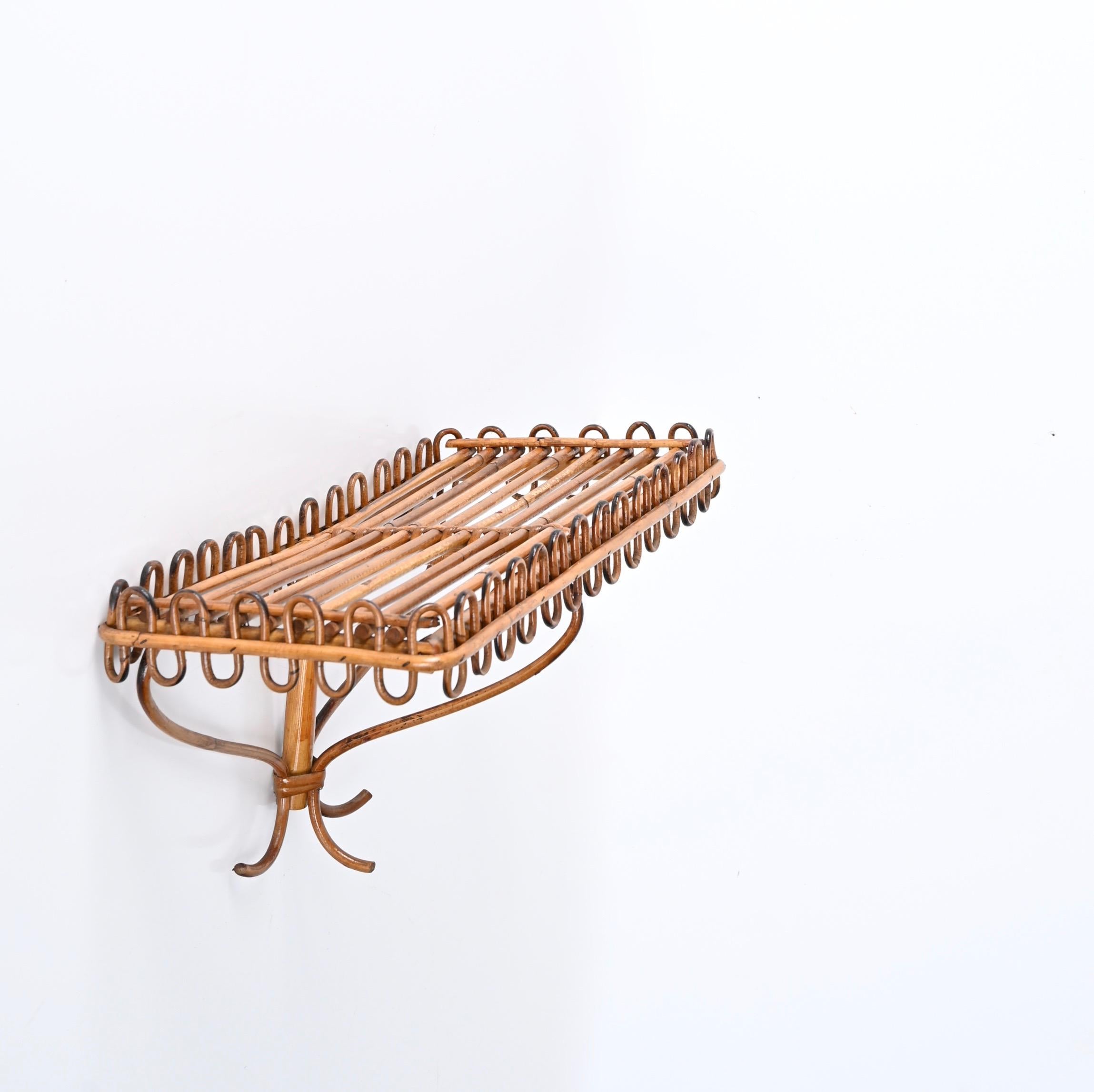 Midcentury Rattan and Bamboo Wall Shelf or Console, Franco Albini, Italy, 1960s For Sale 4