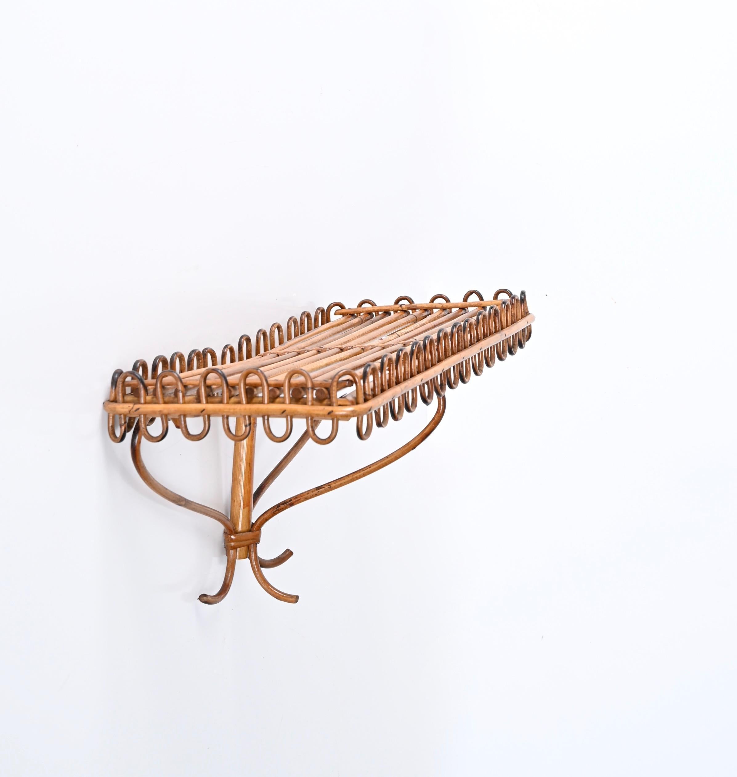 Midcentury Rattan and Bamboo Wall Shelf or Console, Franco Albini, Italy, 1960s For Sale 5