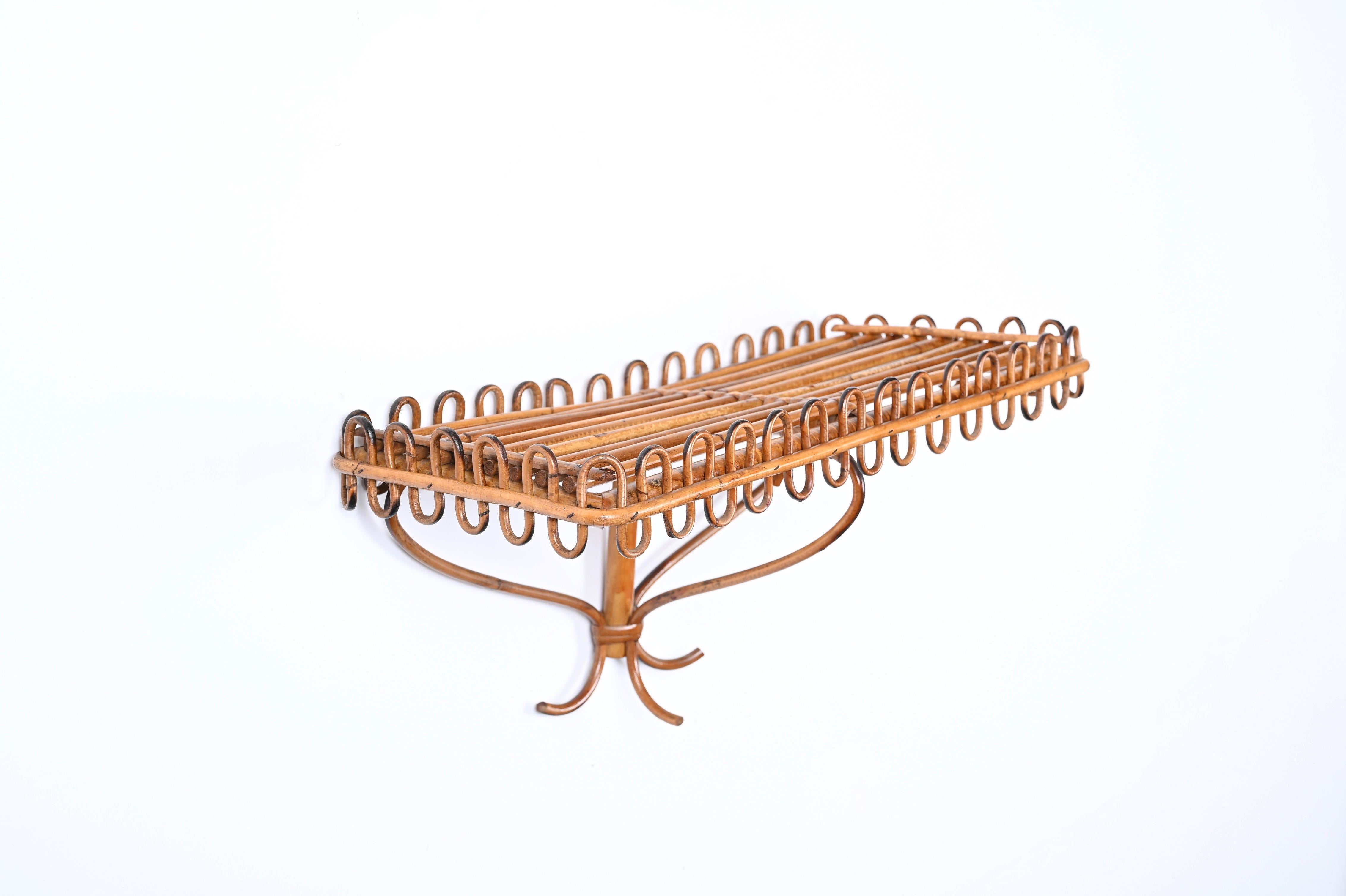 Midcentury Rattan and Bamboo Wall Shelf or Console, Franco Albini, Italy, 1960s For Sale 7