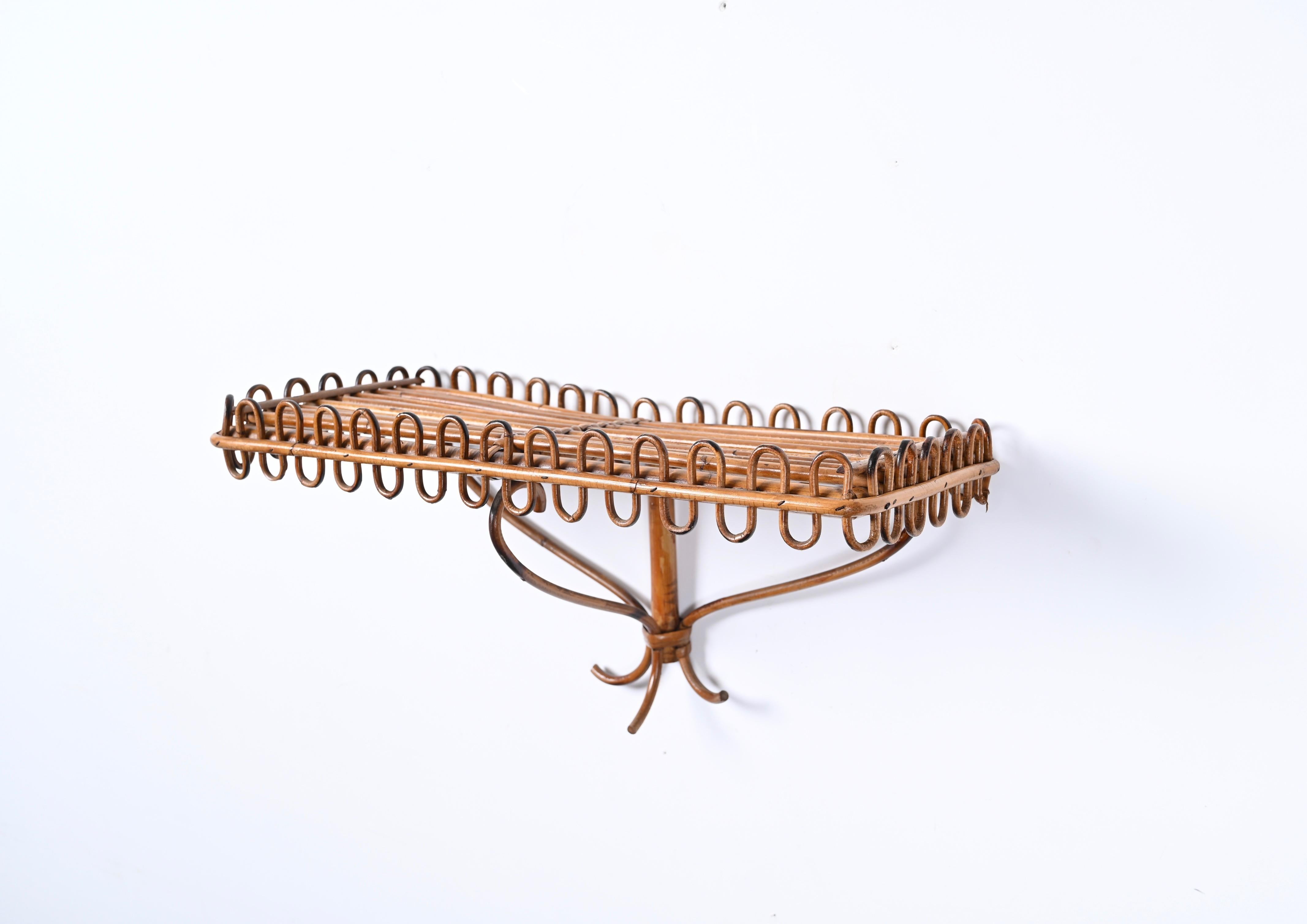 Midcentury Rattan and Bamboo Wall Shelf or Console, Franco Albini, Italy, 1960s For Sale 8