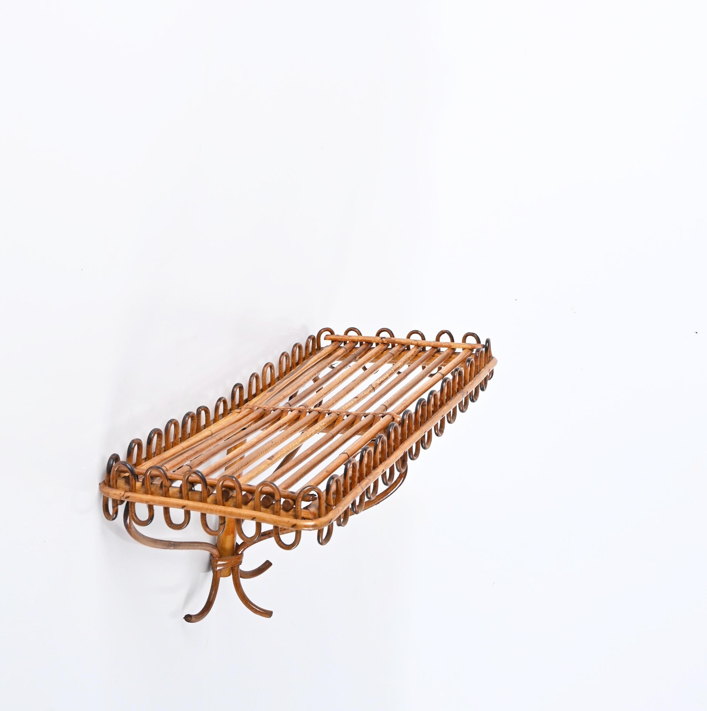 Mid-Century Modern Midcentury Rattan and Bamboo Wall Shelf or Console, Franco Albini, Italy, 1960s For Sale