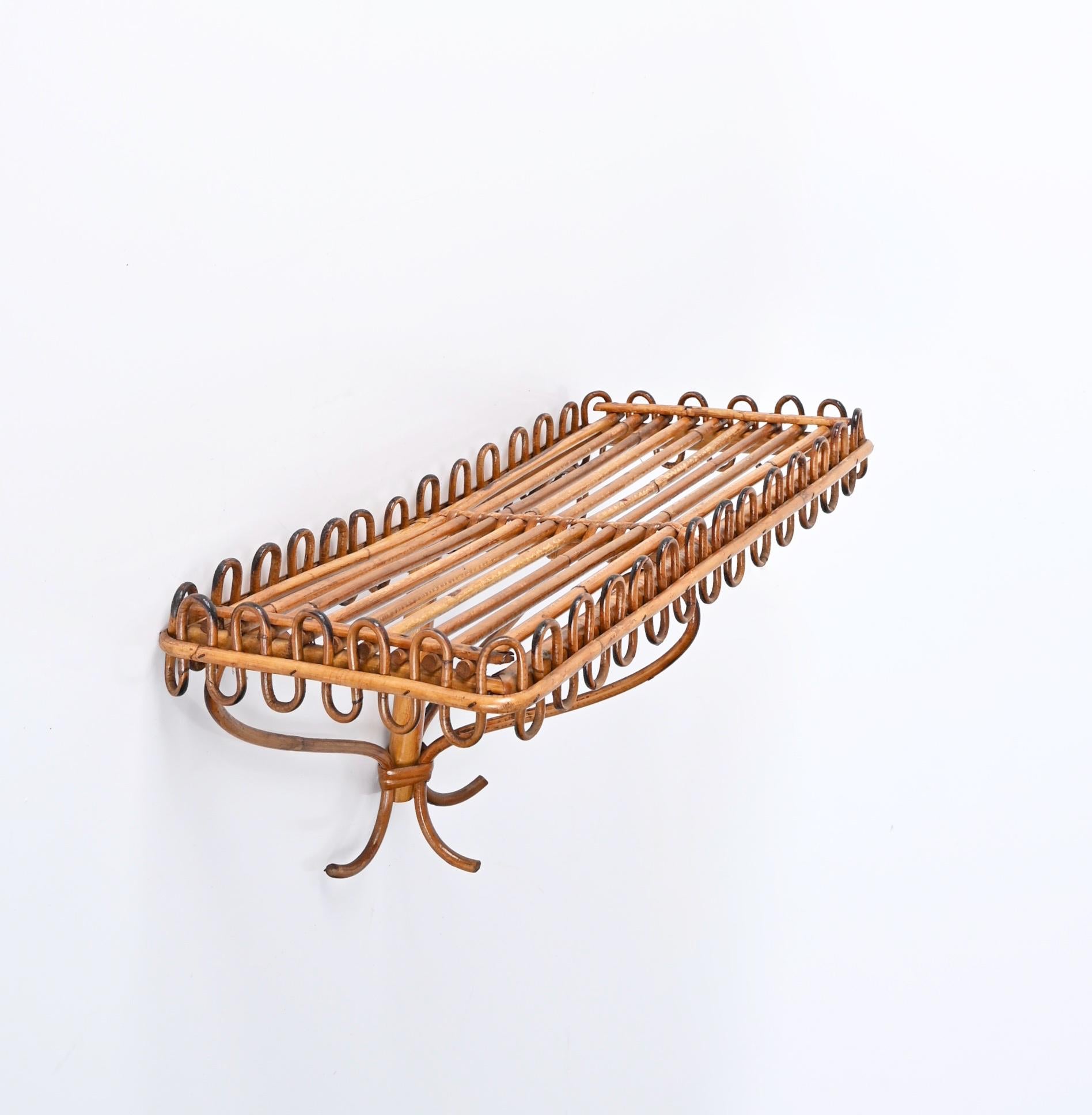 Italian Midcentury Rattan and Bamboo Wall Shelf or Console, Franco Albini, Italy, 1960s For Sale