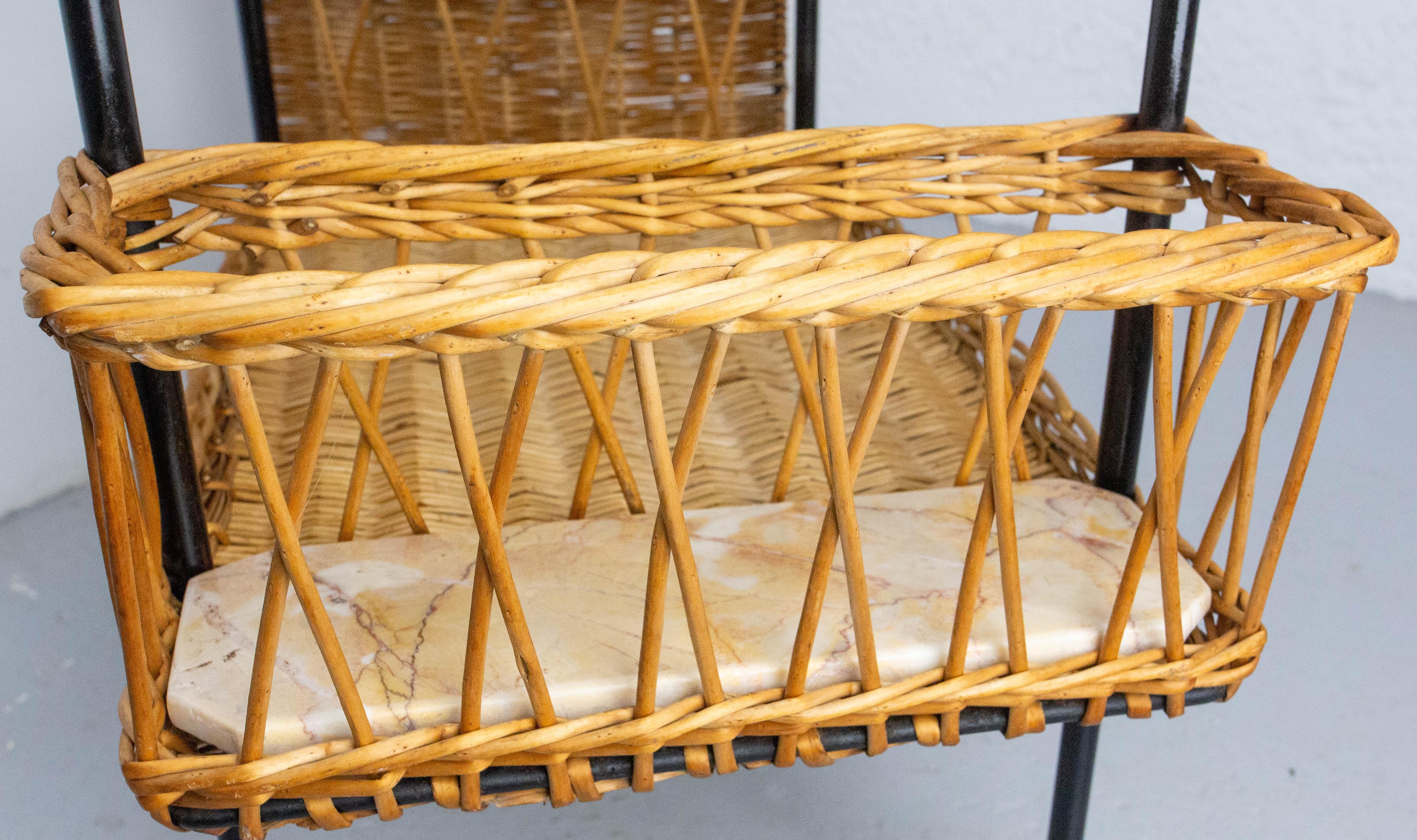 Midcentury Rattan and Black Metal Raoul Guys Trolley Bar Cart, circa 1950 For Sale 6