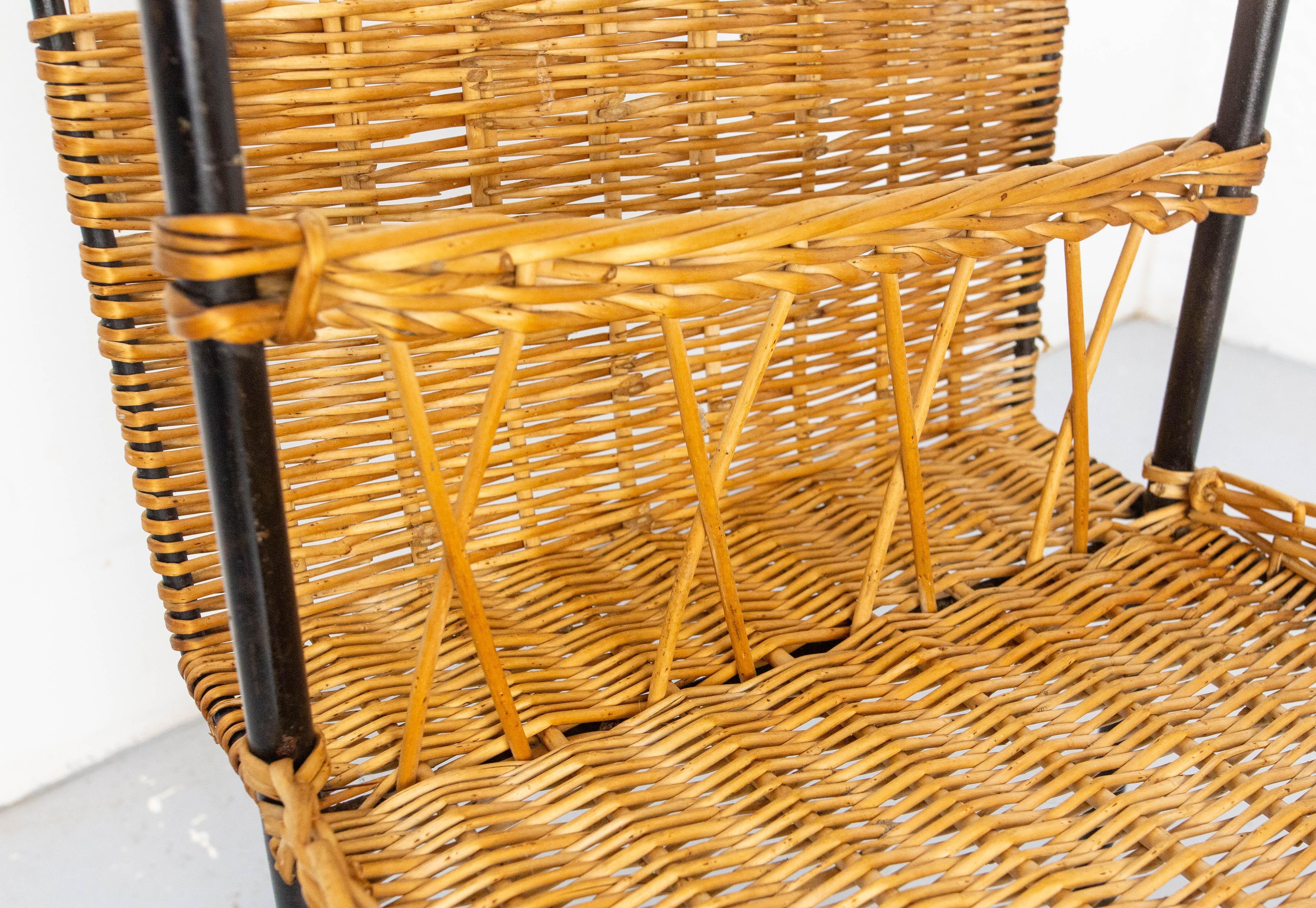 Midcentury Rattan and Black Metal Raoul Guys Trolley Bar Cart, circa 1950 For Sale 7