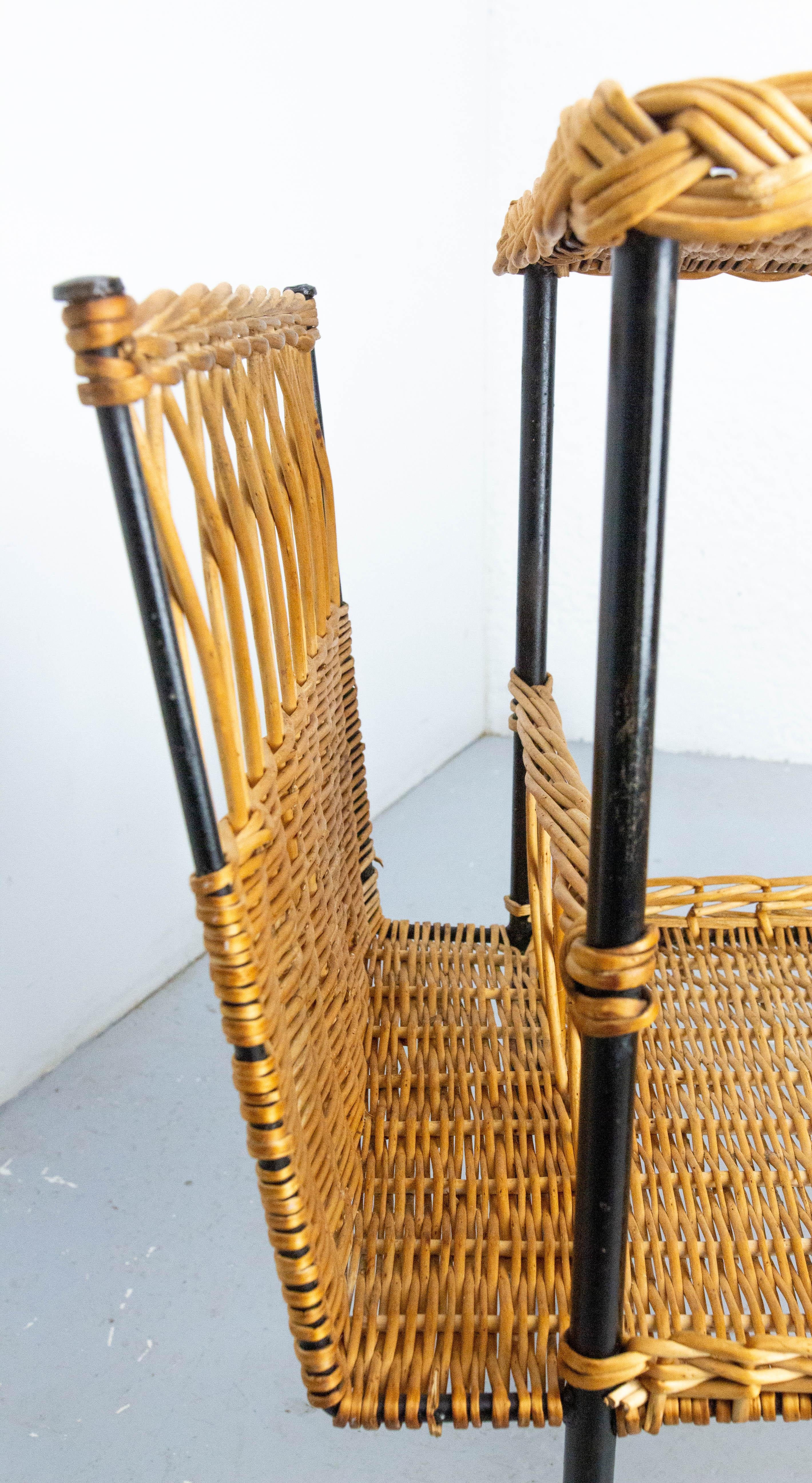 Midcentury Rattan and Black Metal Raoul Guys Trolley Bar Cart, circa 1950 For Sale 8