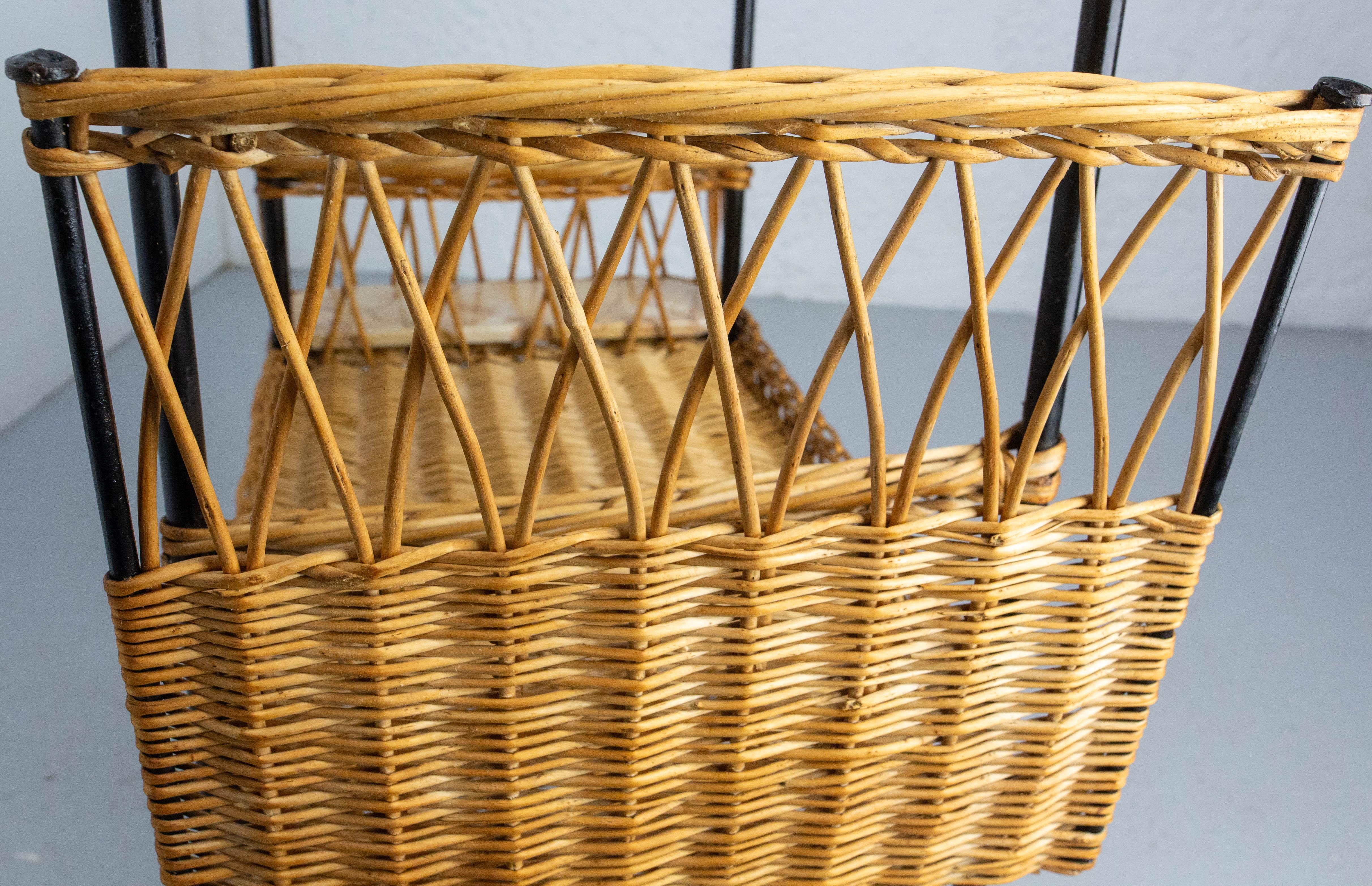 Midcentury Rattan and Black Metal Raoul Guys Trolley Bar Cart, circa 1950 For Sale 9