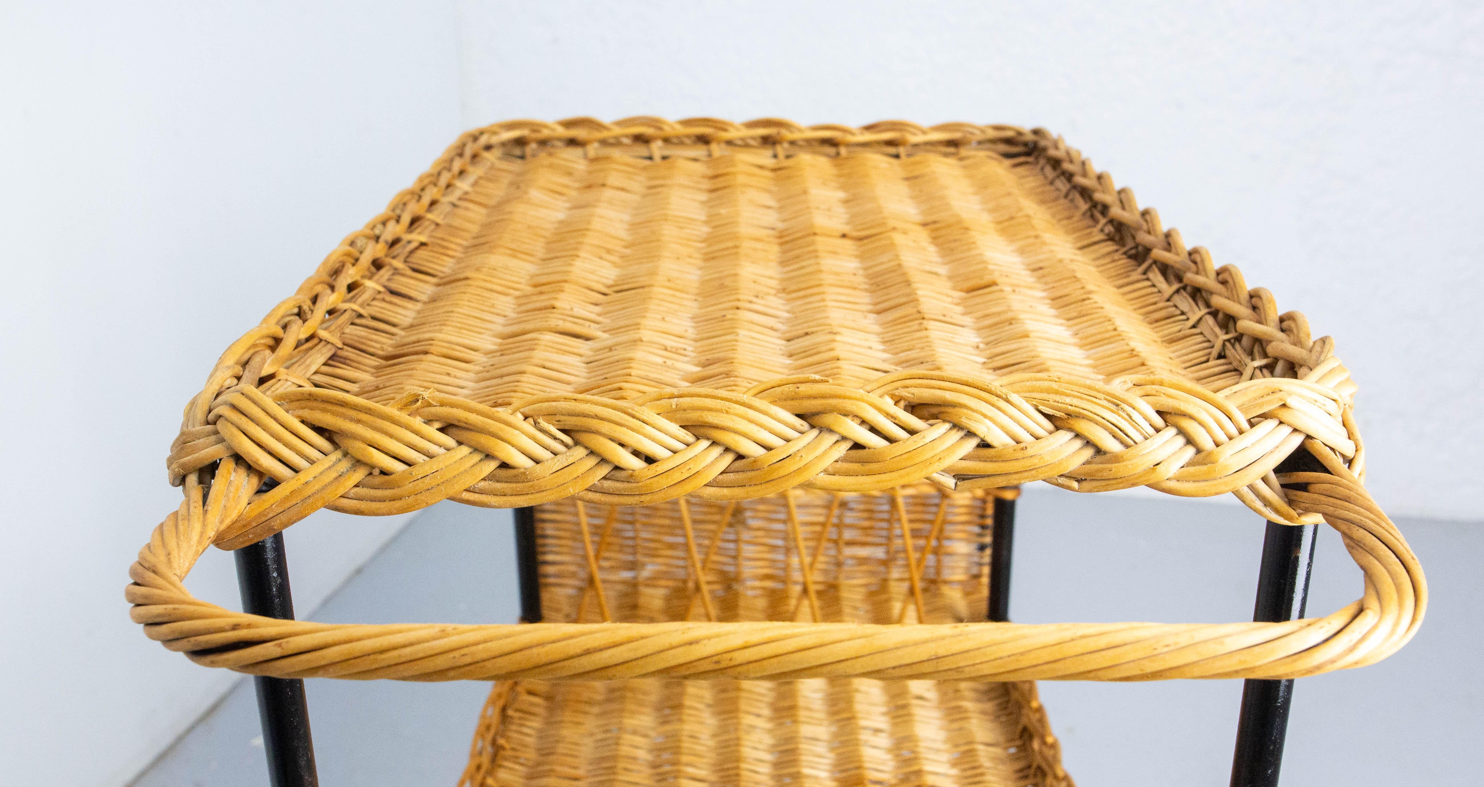 Midcentury Rattan and Black Metal Raoul Guys Trolley Bar Cart, circa 1950 For Sale 12