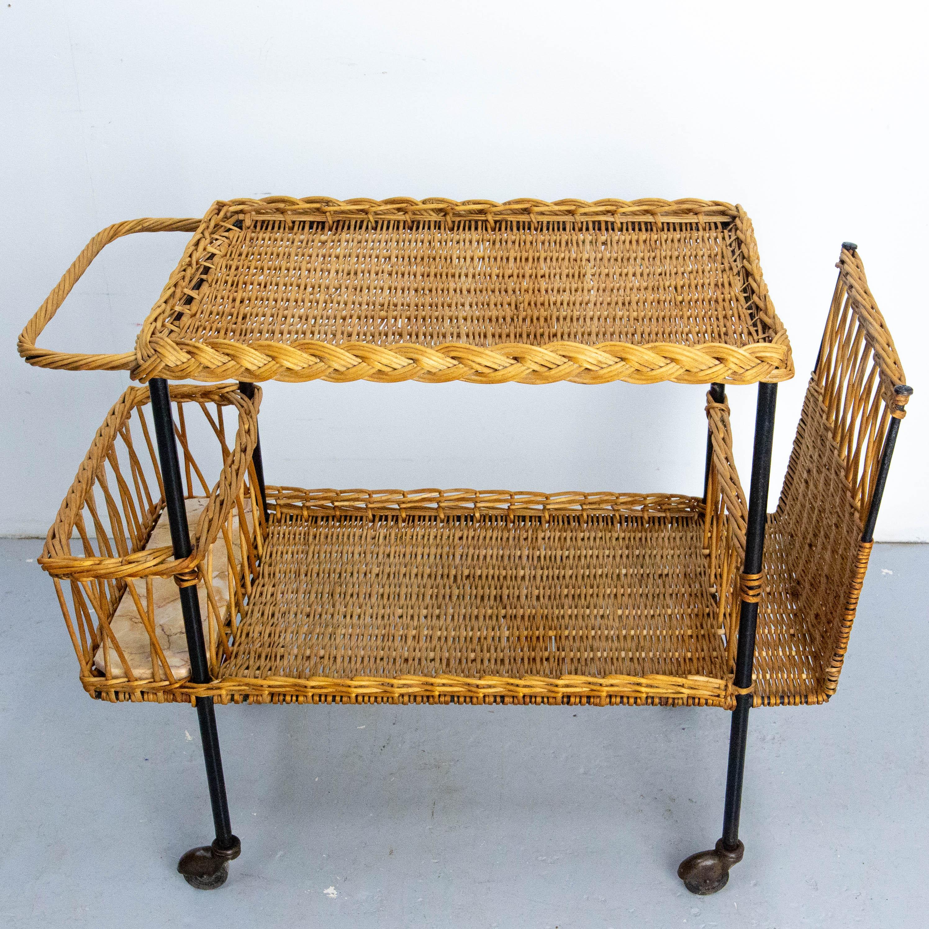 Mid-Century Modern Midcentury Rattan and Black Metal Raoul Guys Trolley Bar Cart, circa 1950 For Sale
