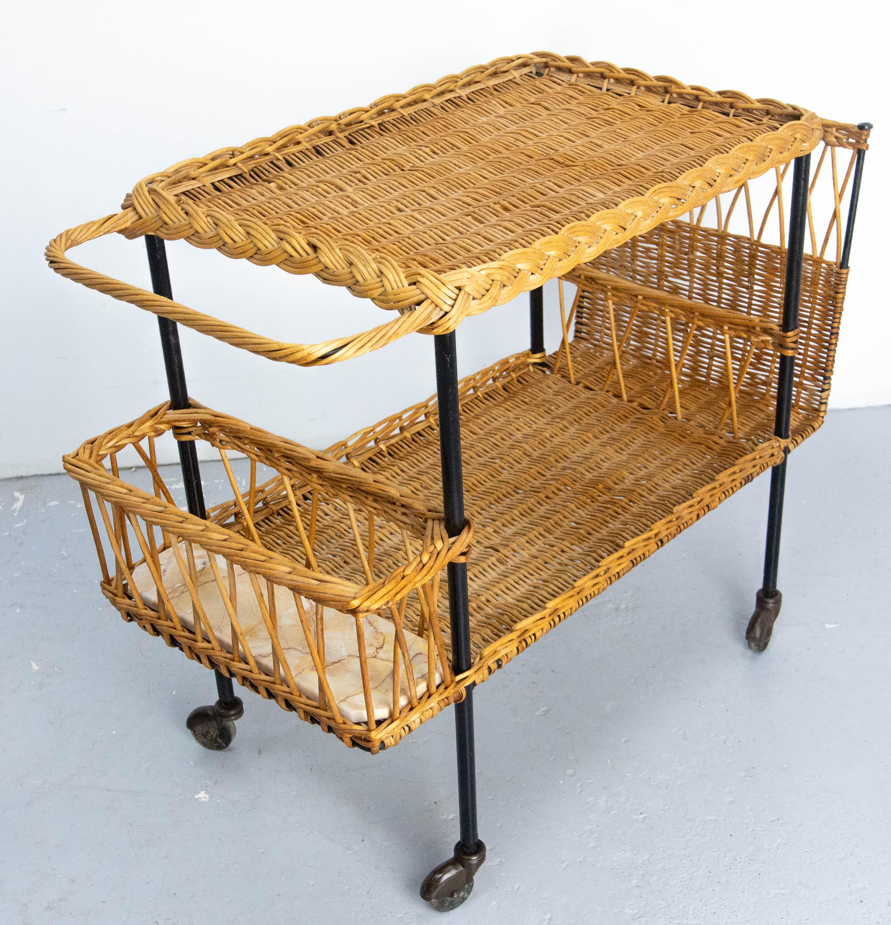 French Midcentury Rattan and Black Metal Raoul Guys Trolley Bar Cart, circa 1950 For Sale