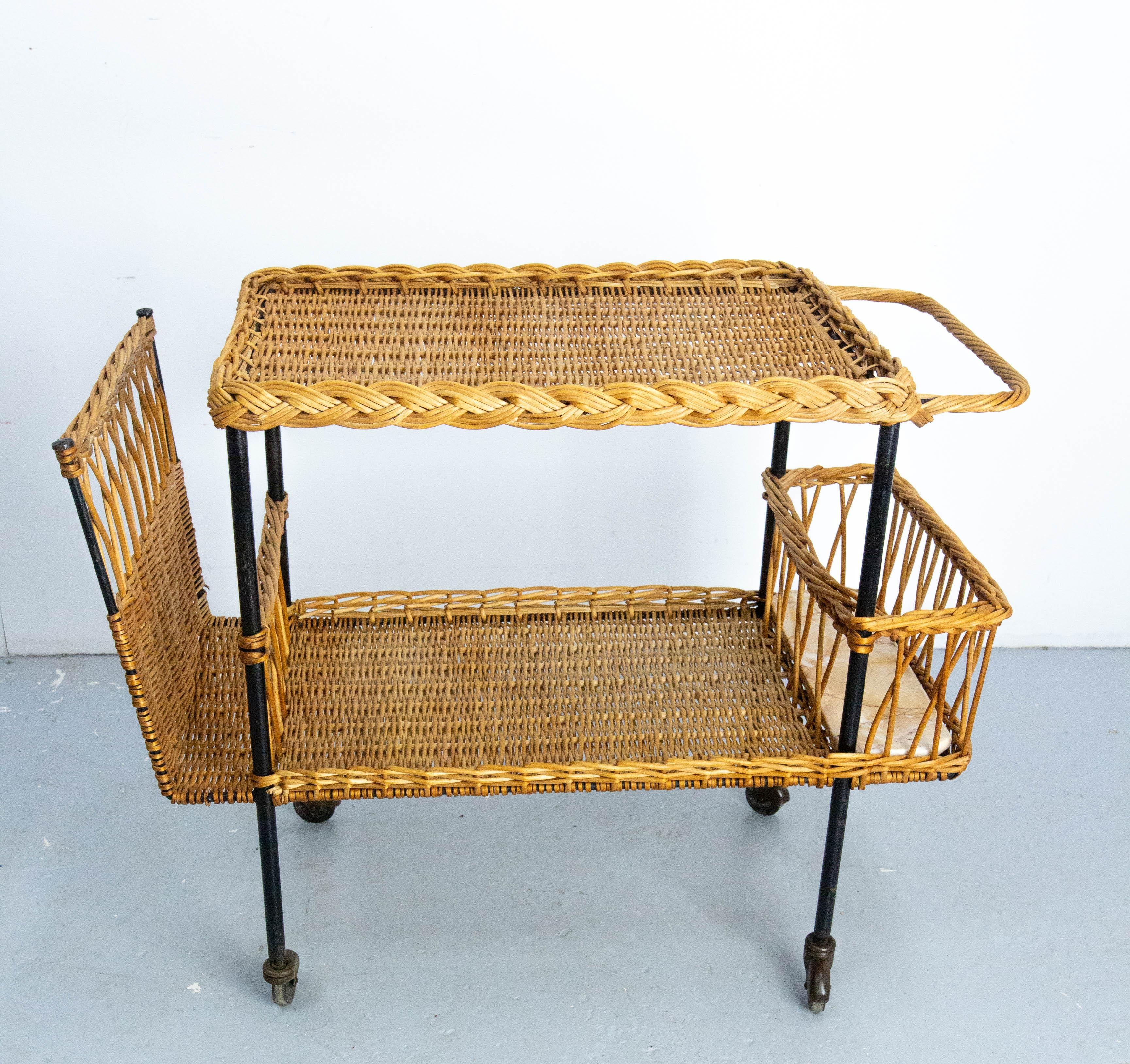 20th Century Midcentury Rattan and Black Metal Raoul Guys Trolley Bar Cart, circa 1950 For Sale