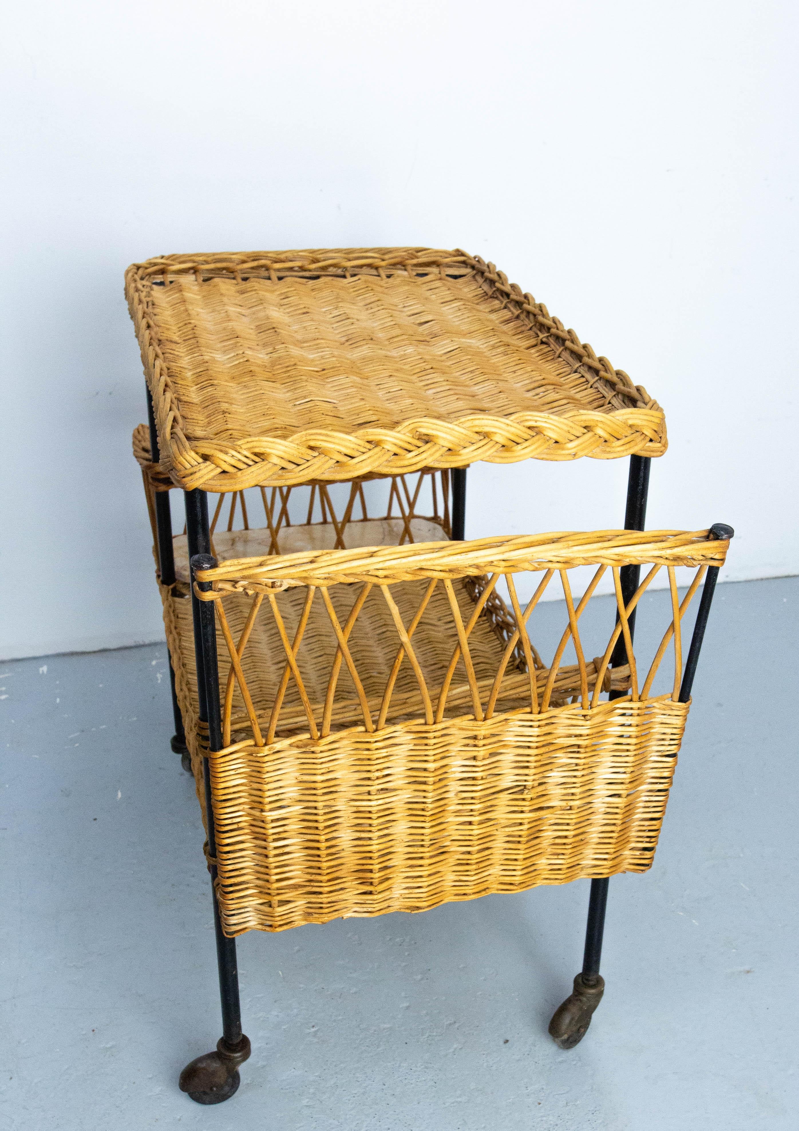 Midcentury Rattan and Black Metal Raoul Guys Trolley Bar Cart, circa 1950 For Sale 1