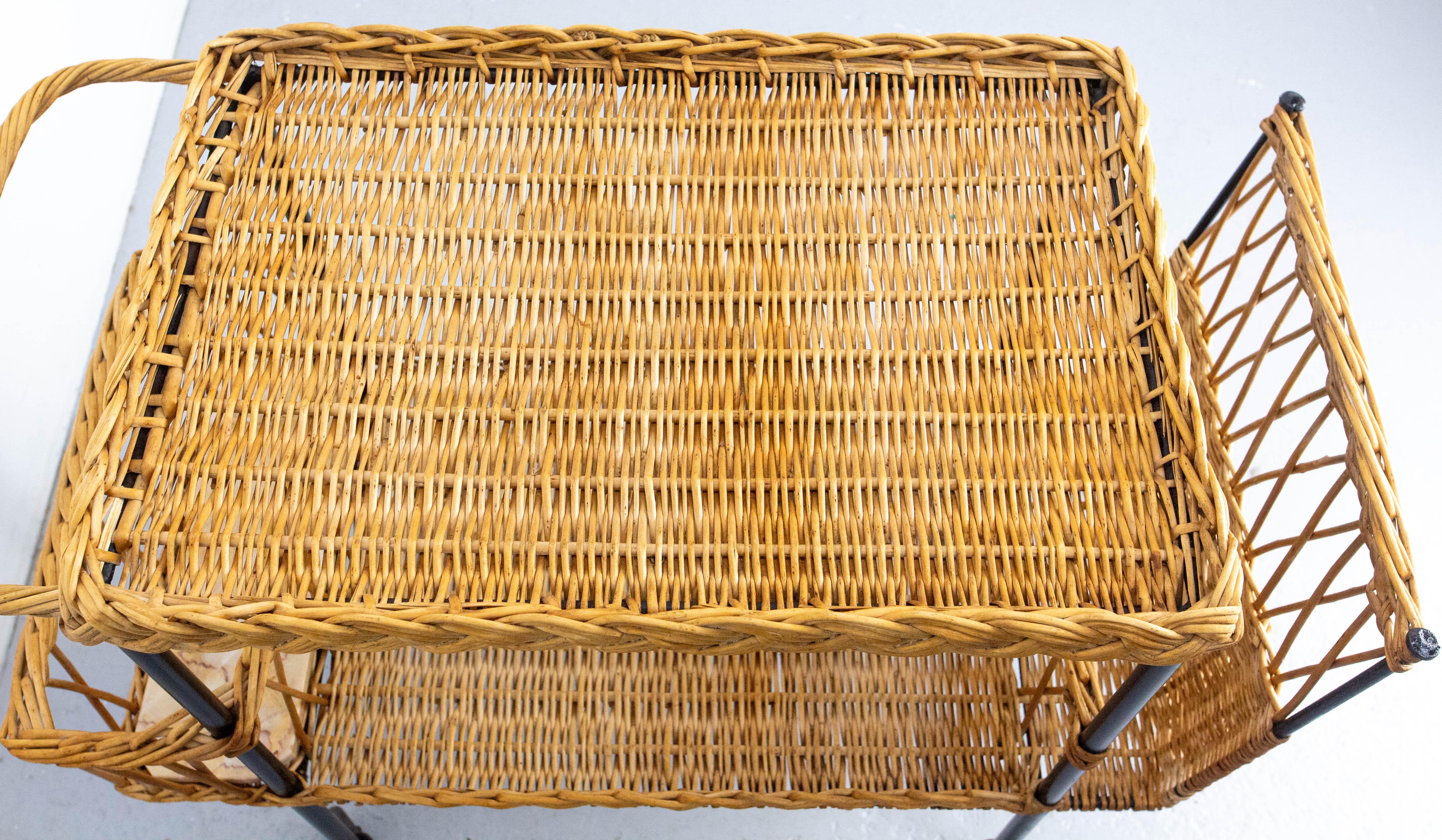 Midcentury Rattan and Black Metal Raoul Guys Trolley Bar Cart, circa 1950 For Sale 2