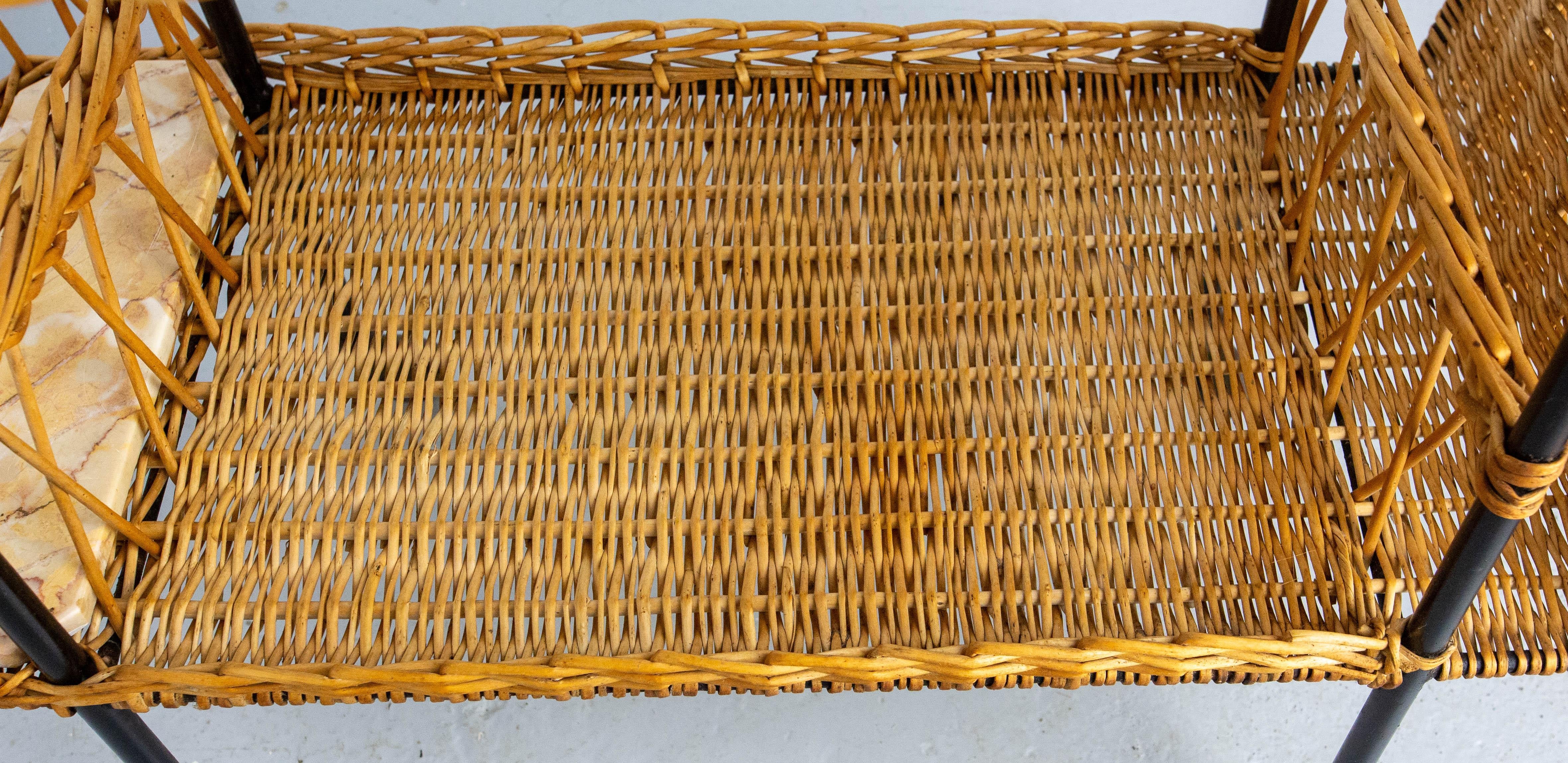Midcentury Rattan and Black Metal Raoul Guys Trolley Bar Cart, circa 1950 For Sale 3