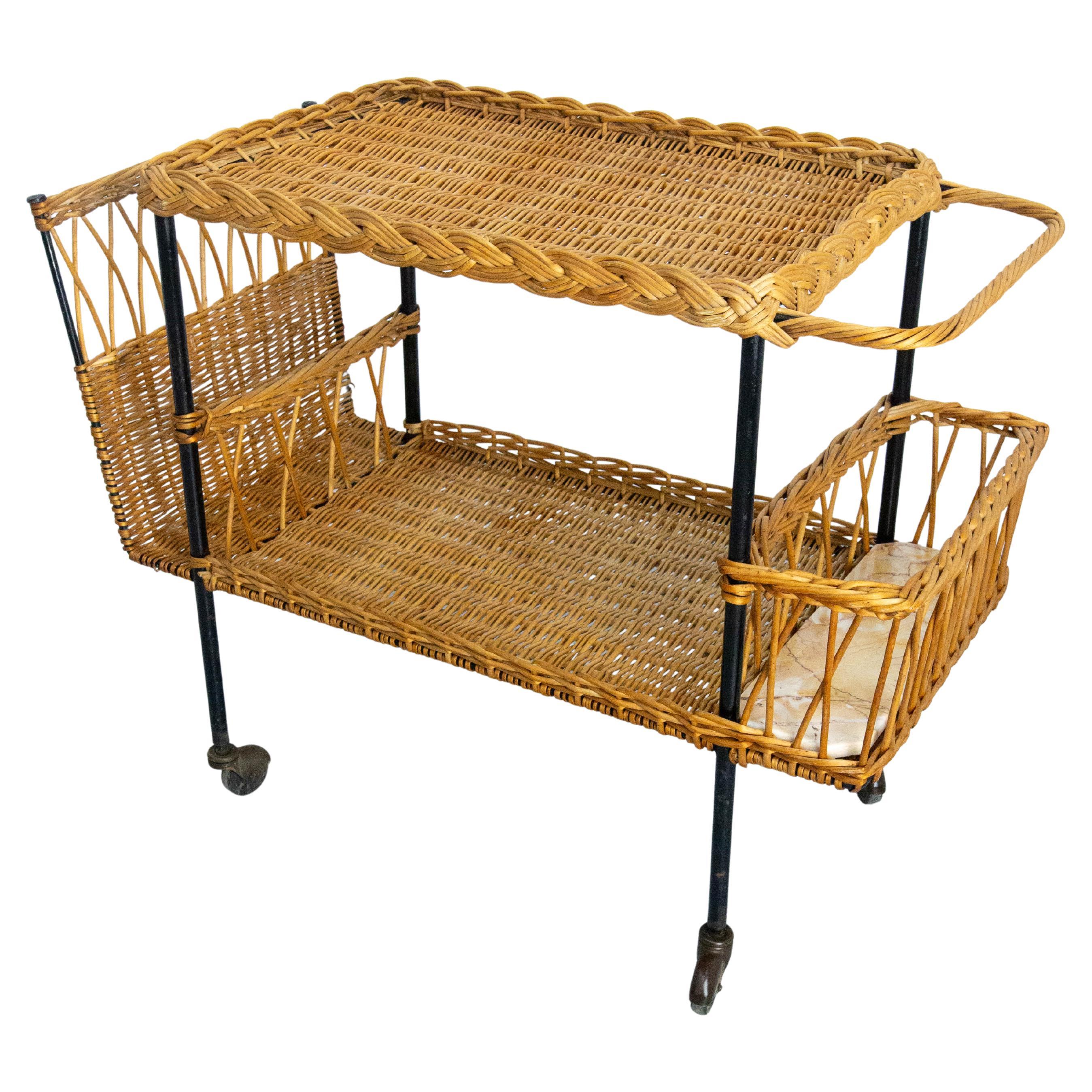 Midcentury Rattan and Black Metal Raoul Guys Trolley Bar Cart, circa 1950 For Sale