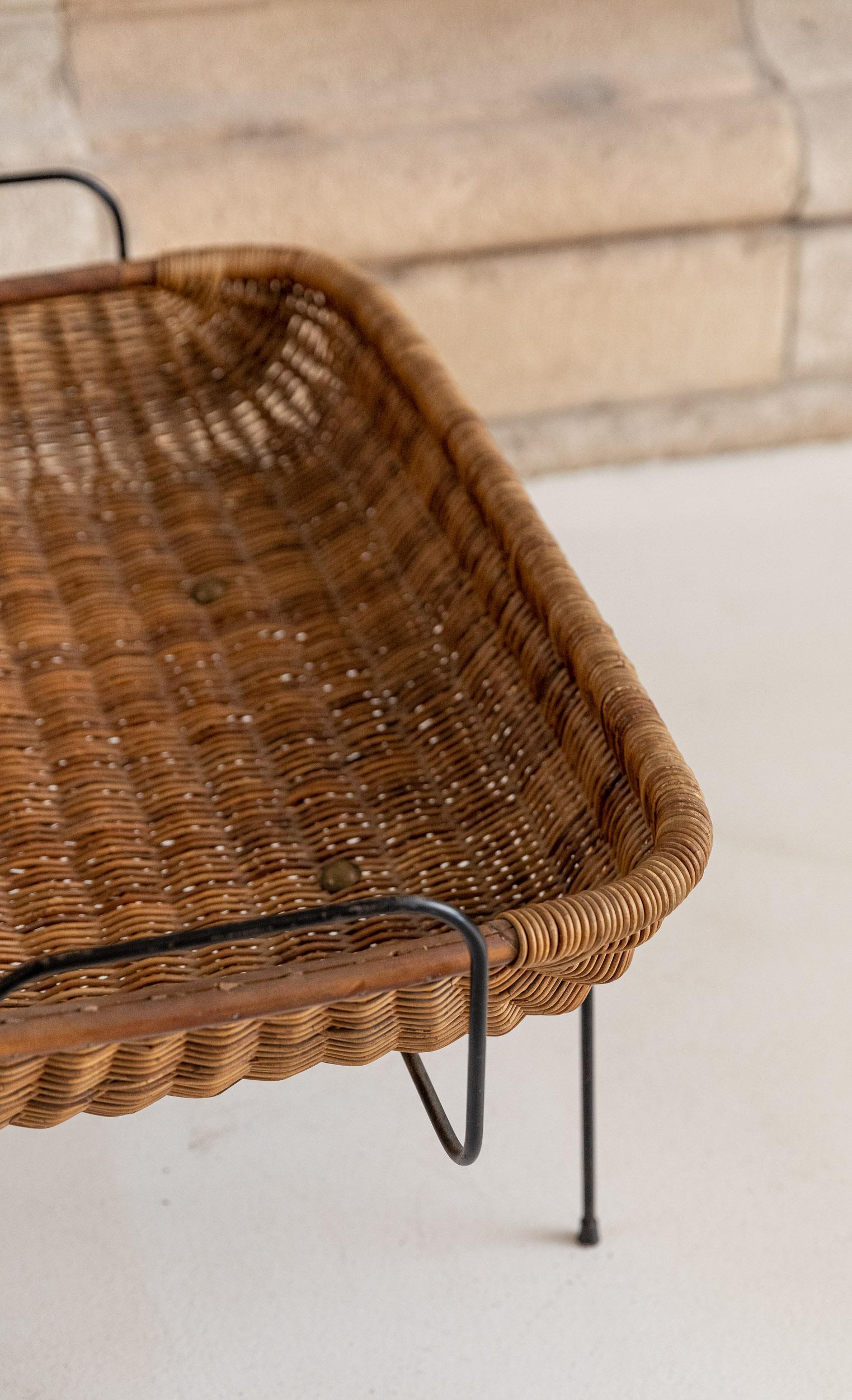Mid-20th Century Midcentury rattan and brass basket attributed to Bonacina, Italy 1950 