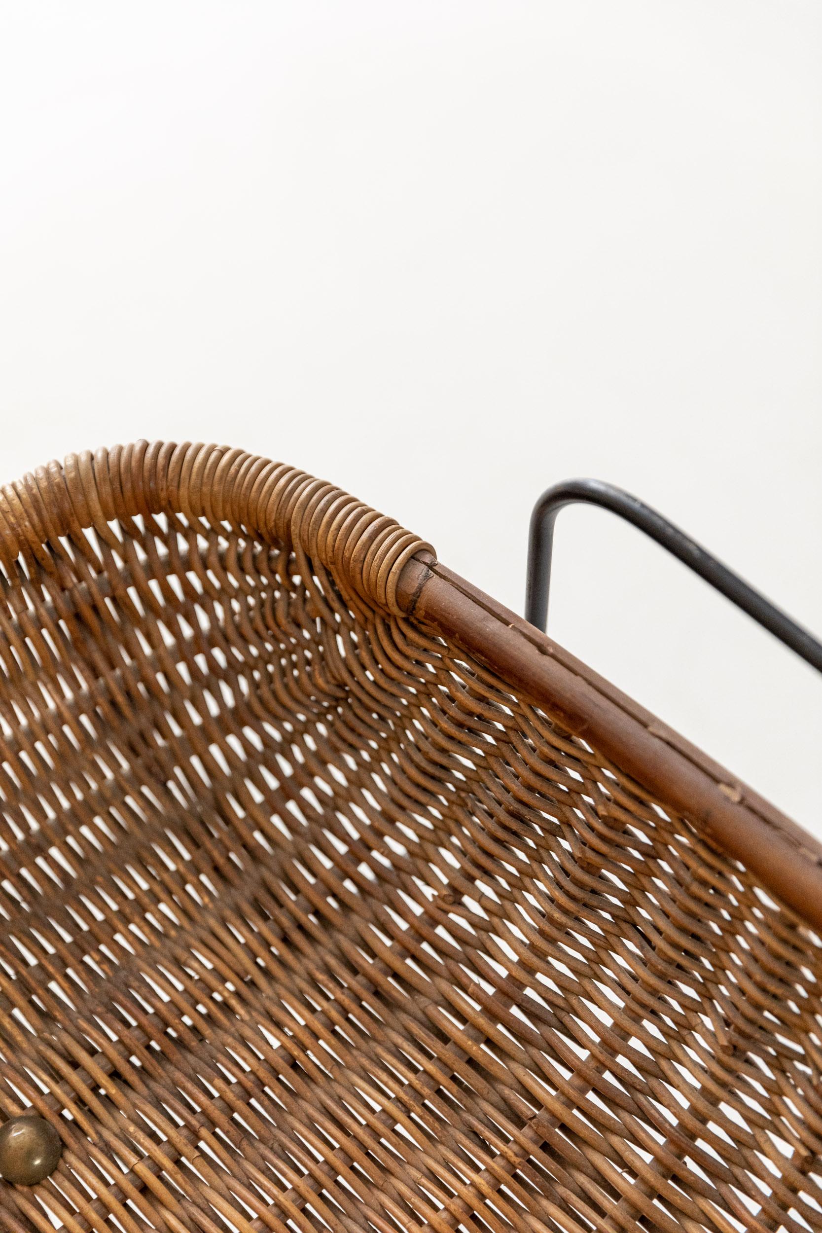 Midcentury rattan and brass basket attributed to Bonacina, Italy 1950  3