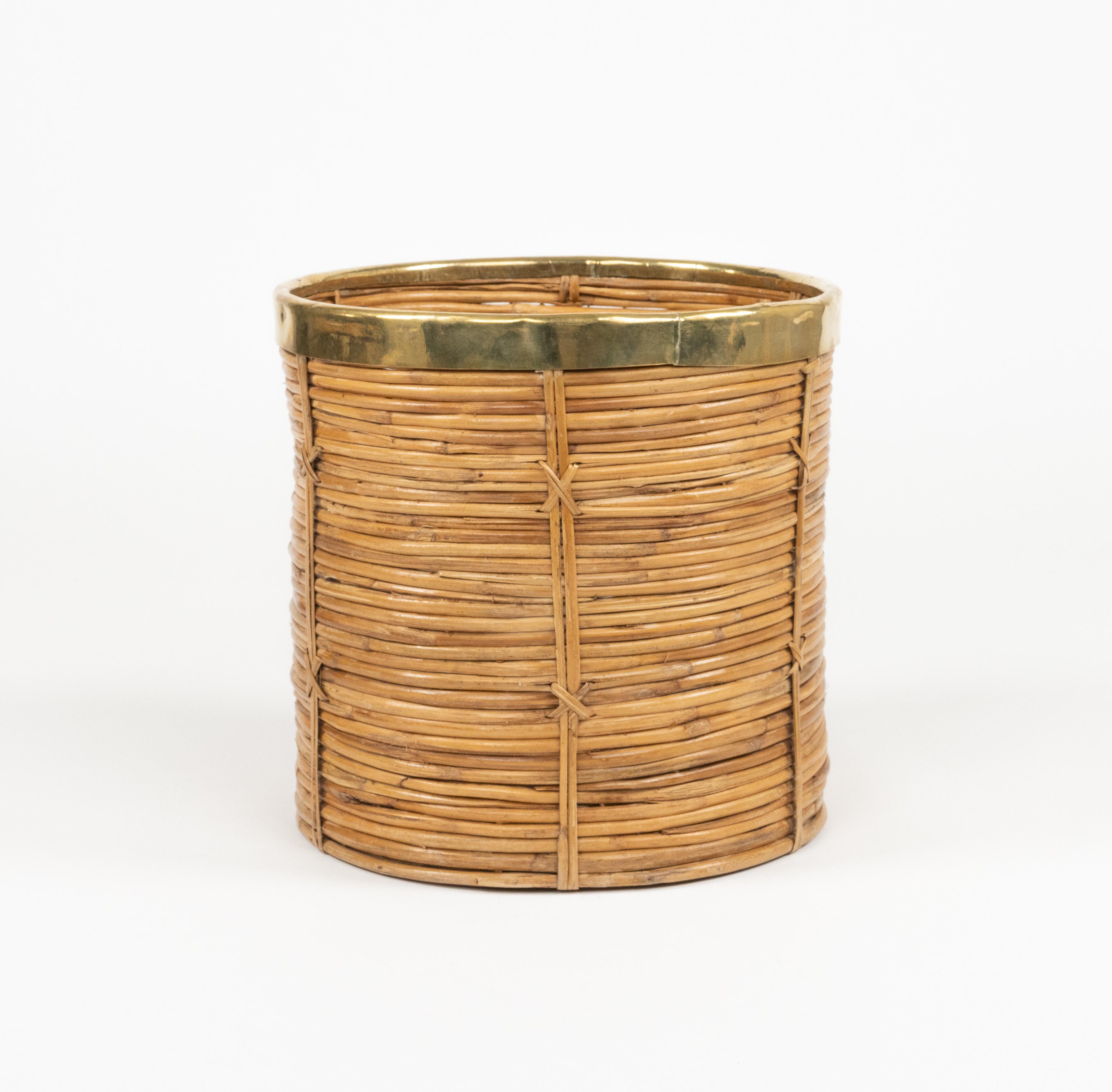 Midcentury Rattan and Brass Basket or Planter Vivai Del Sud Style, Italy 1970s 3