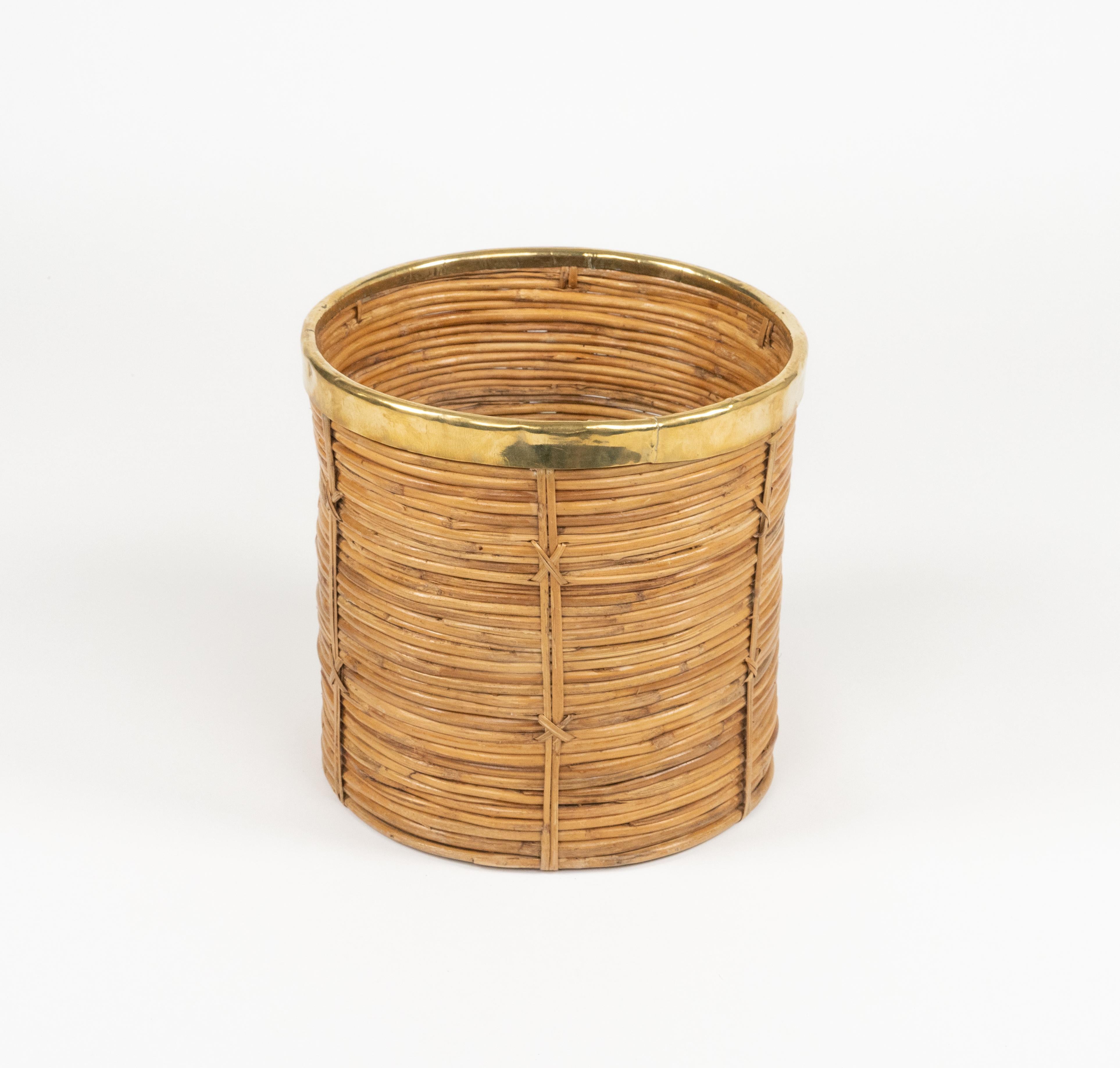 Midcentury Rattan and Brass Basket or Planter Vivai Del Sud Style, Italy 1970s 4