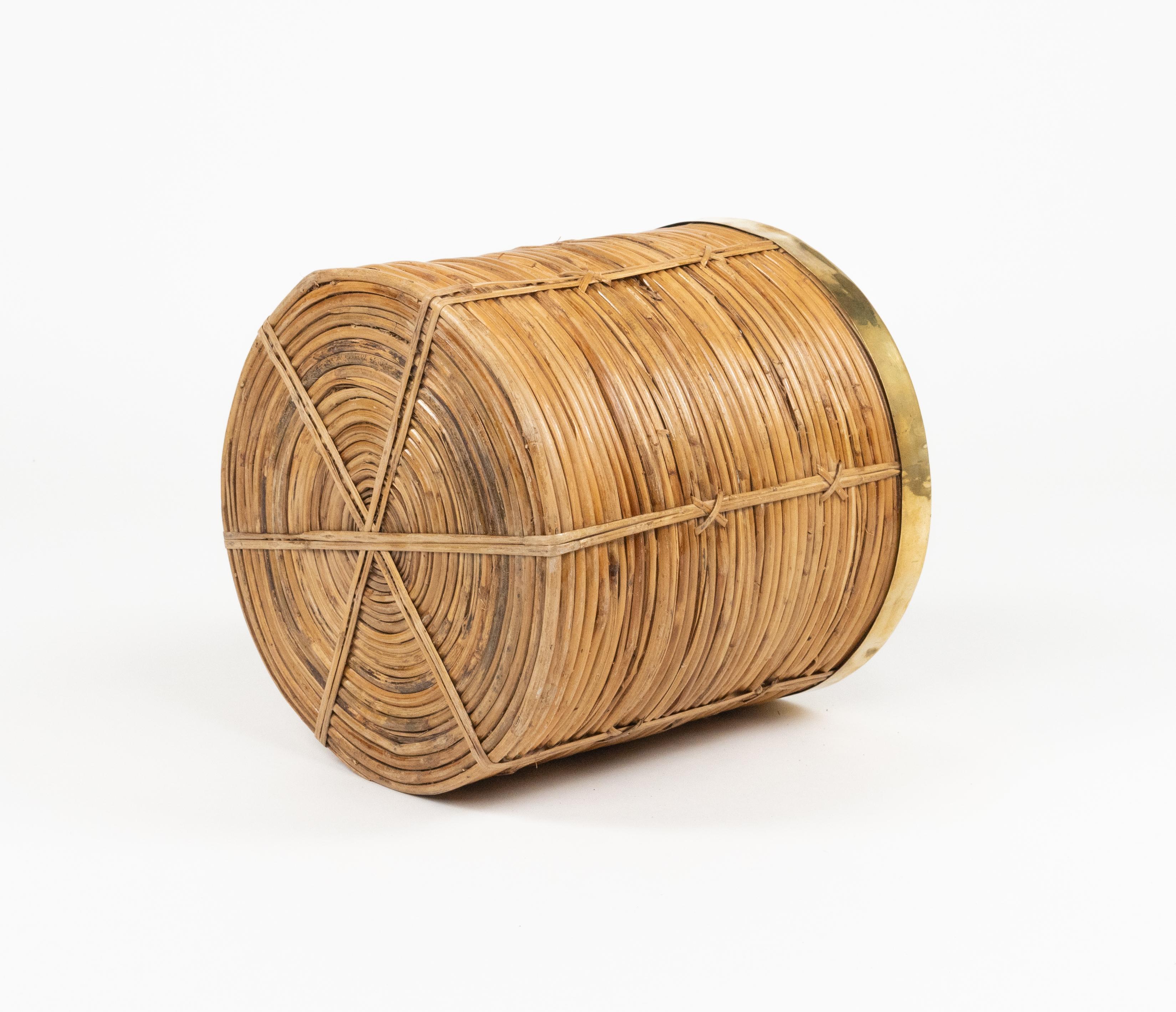 Midcentury Rattan and Brass Basket or Planter Vivai Del Sud Style, Italy 1970s 9