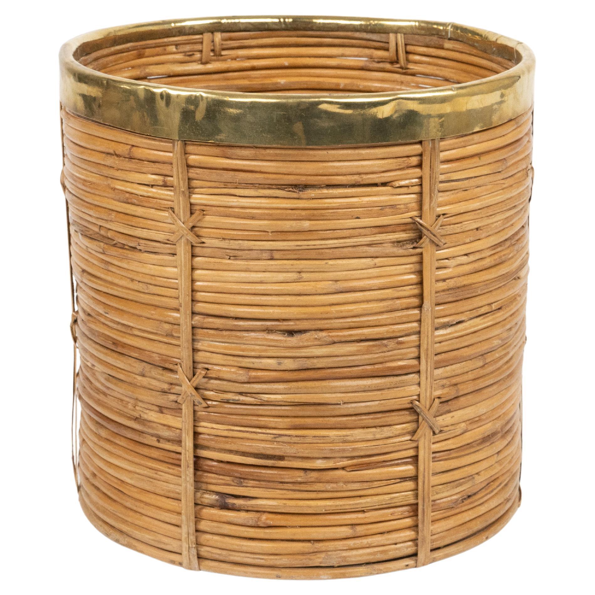 Midcentury Rattan and Brass Basket or Planter Vivai Del Sud Style, Italy 1970s 11