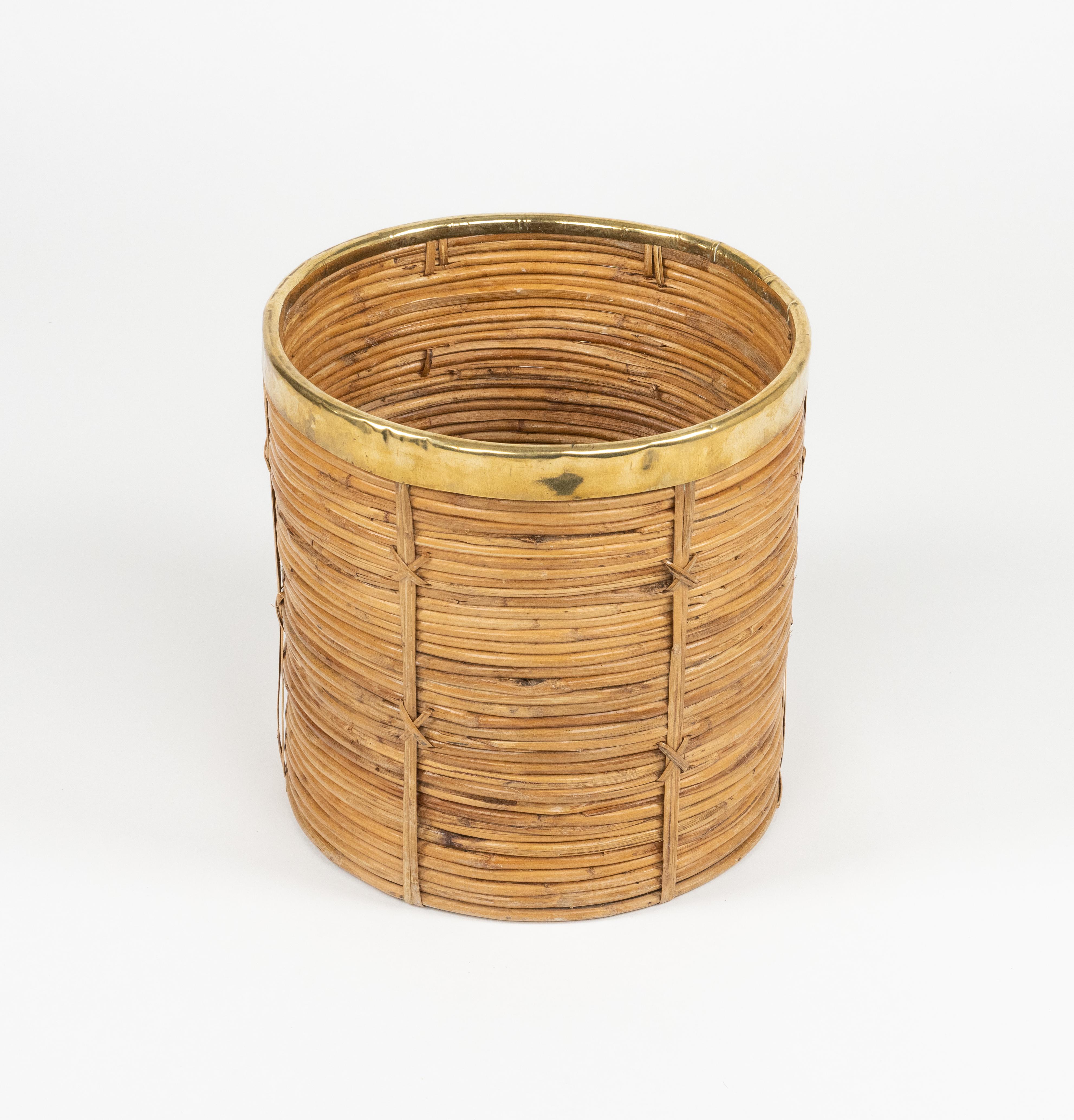Mid-Century Modern Midcentury Rattan and Brass Basket or Planter Vivai Del Sud Style, Italy 1970s