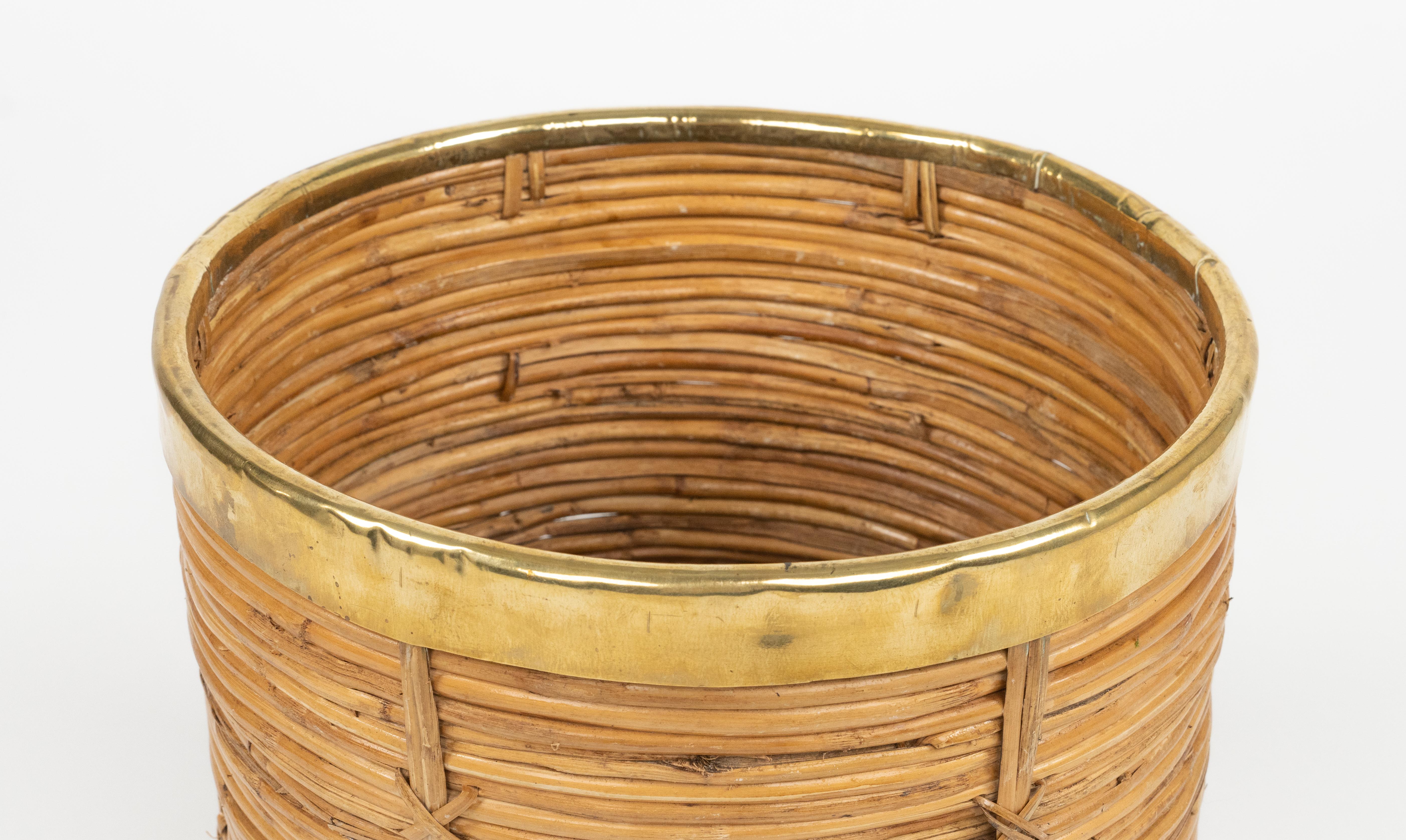 Late 20th Century Midcentury Rattan and Brass Basket or Planter Vivai Del Sud Style, Italy 1970s