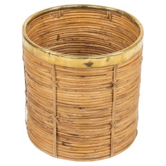 Midcentury Rattan and Brass Basket or Planter Vivai Del Sud Style, Italy 1970s