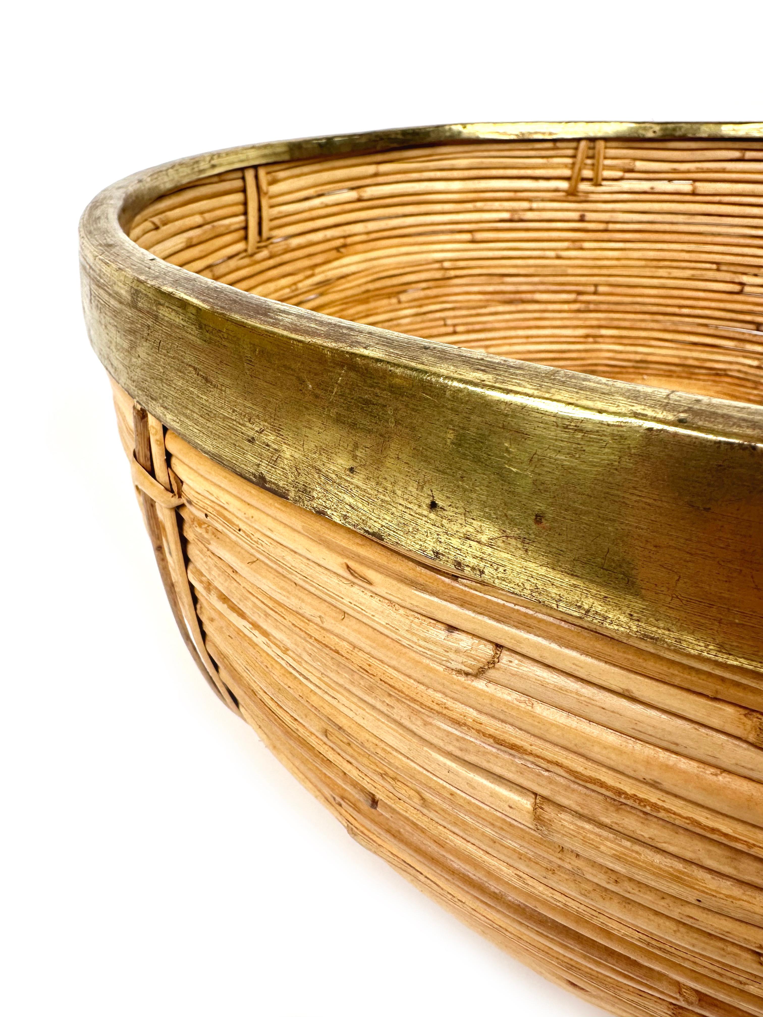 Late 20th Century Mid-Century Rattan and Brass Bowl Basket Centerpiece, Italy, 1970s