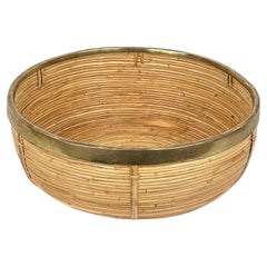 Mid-Century Rattan and Brass Bowl Basket Centerpiece, Italy, 1970s