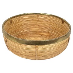 Retro Mid-Century Rattan and Brass Bowl Basket Centerpiece, Italy, 1970s