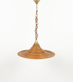 Midcentury Rattan and Brass Chandelier Attributed to Vivai Del Sud, Italy 1970s