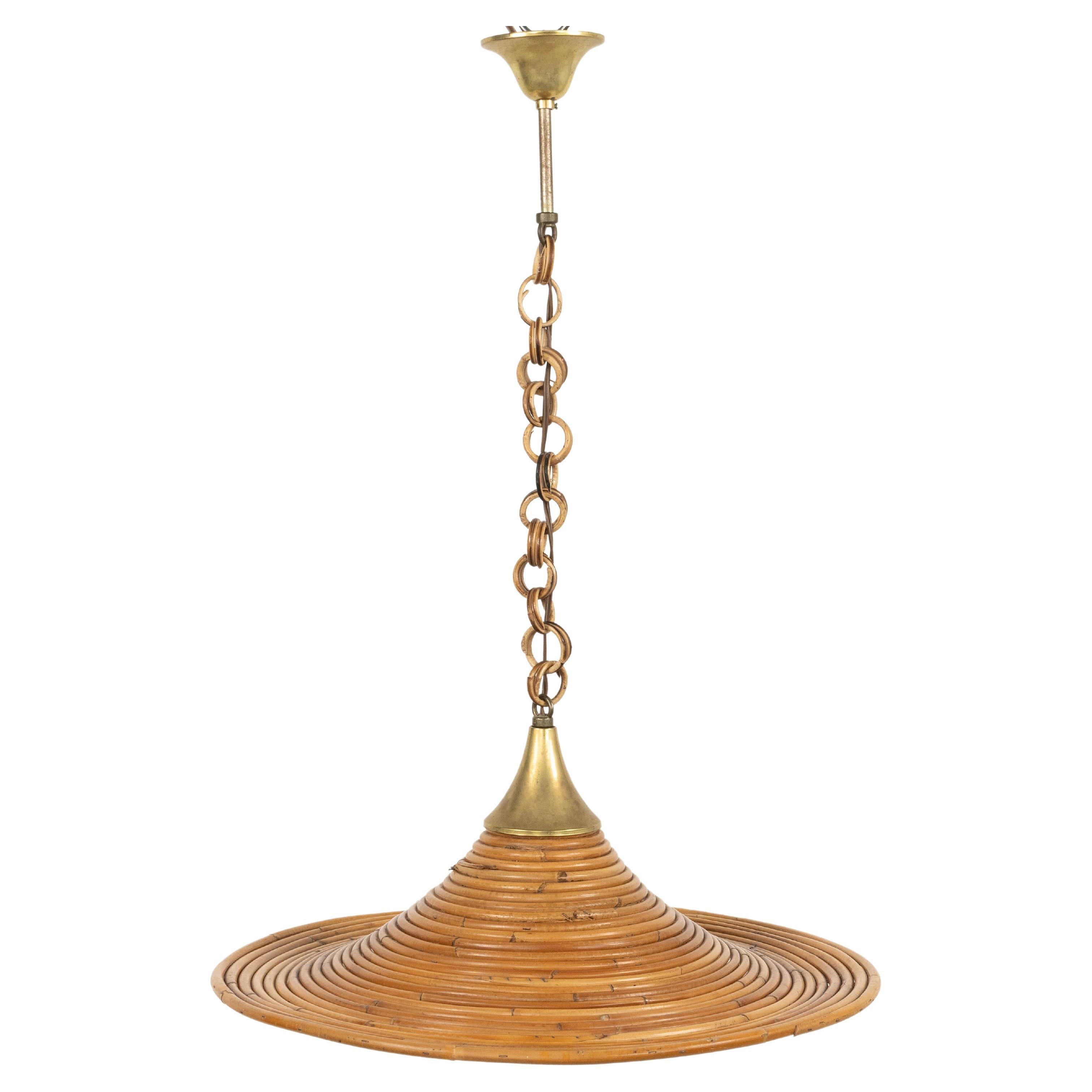 Midcentury Rattan and Brass Chandelier Attributed to Vivai Del Sud, Italy 1970s