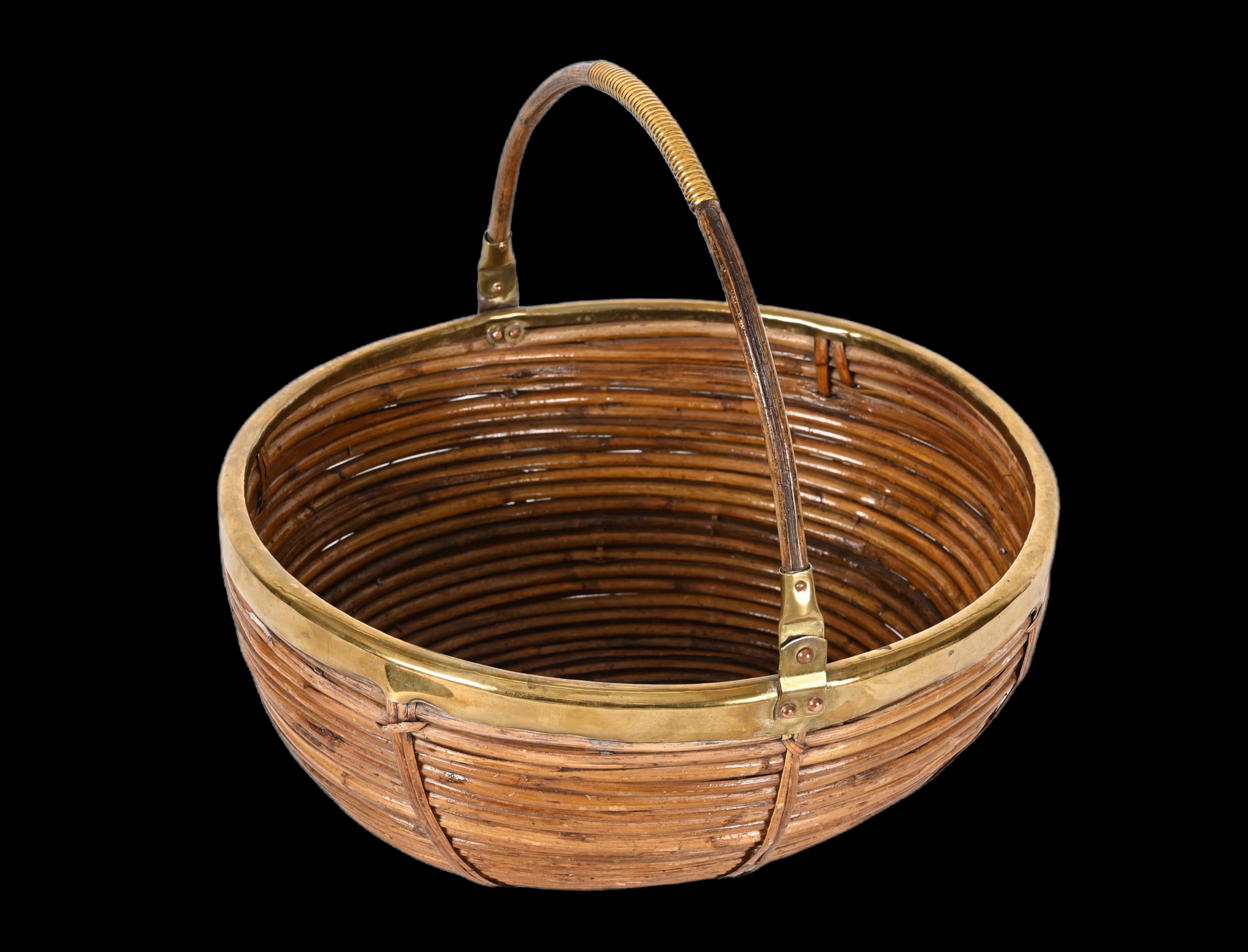 Midcentury Rattan and Brass Italian Decorative Centerpiece Basket, 1970s 4