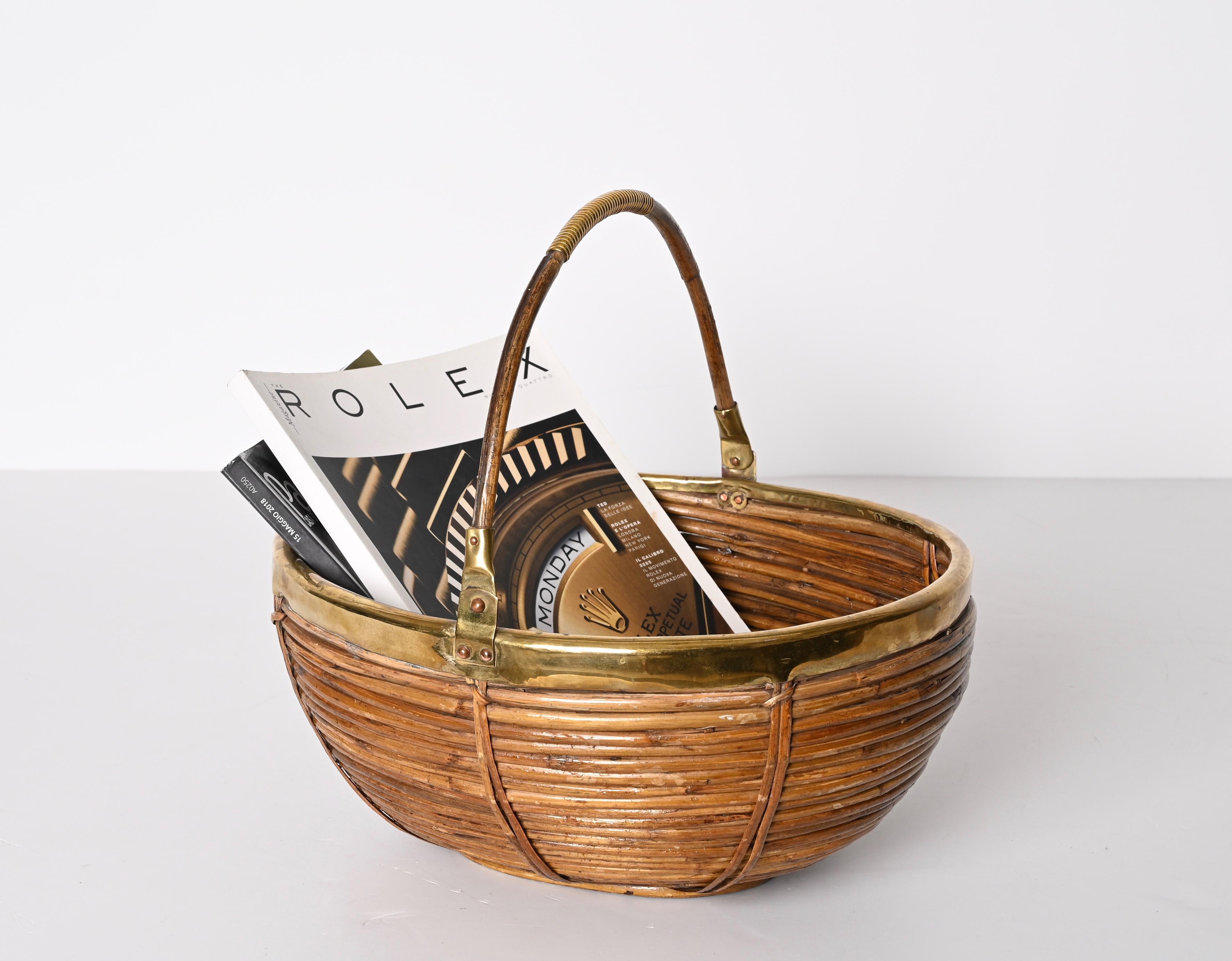 Midcentury Rattan and Brass Italian Decorative Centerpiece Basket, 1970s 5