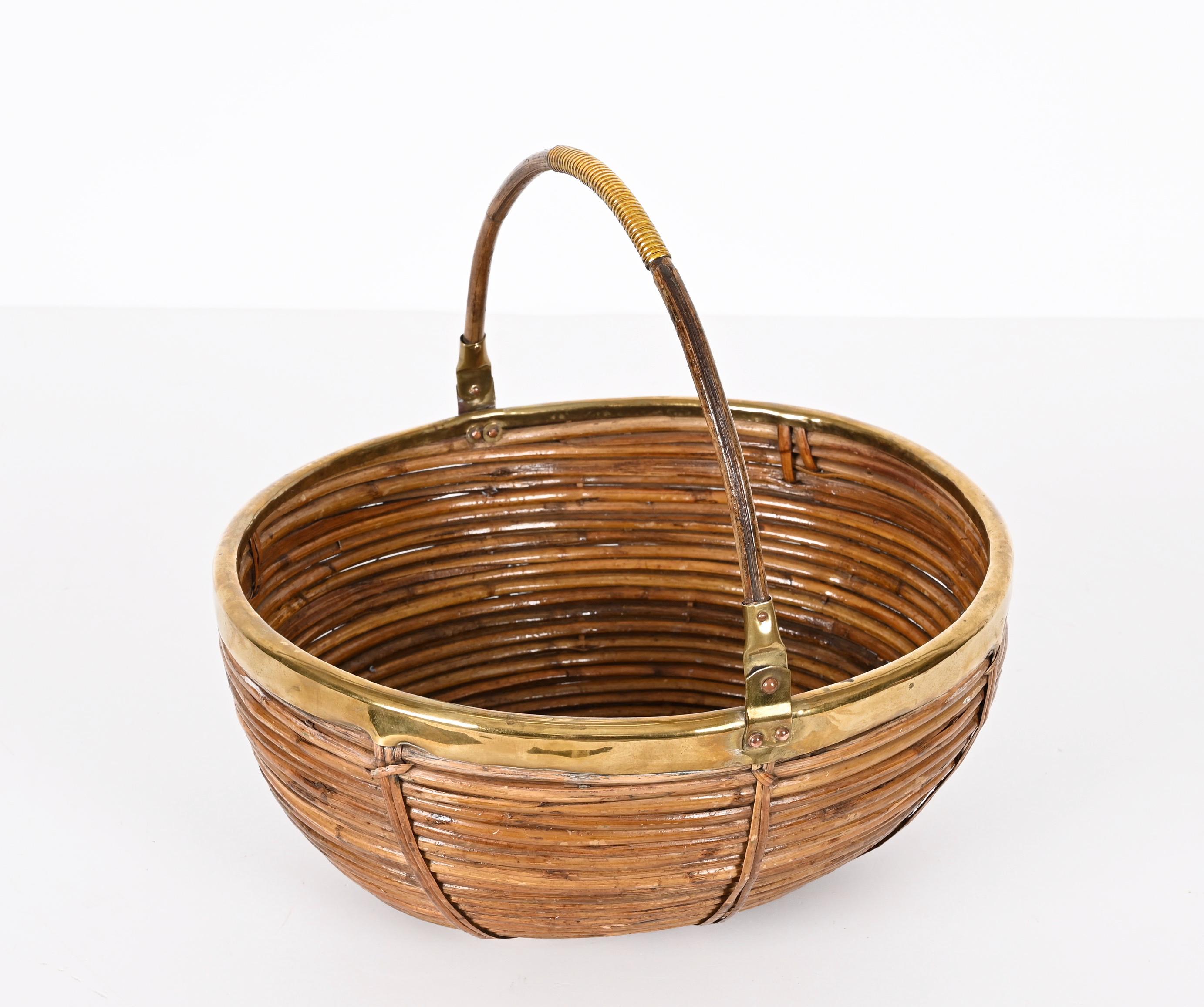 Midcentury Rattan and Brass Italian Decorative Centerpiece Basket, 1970s 6