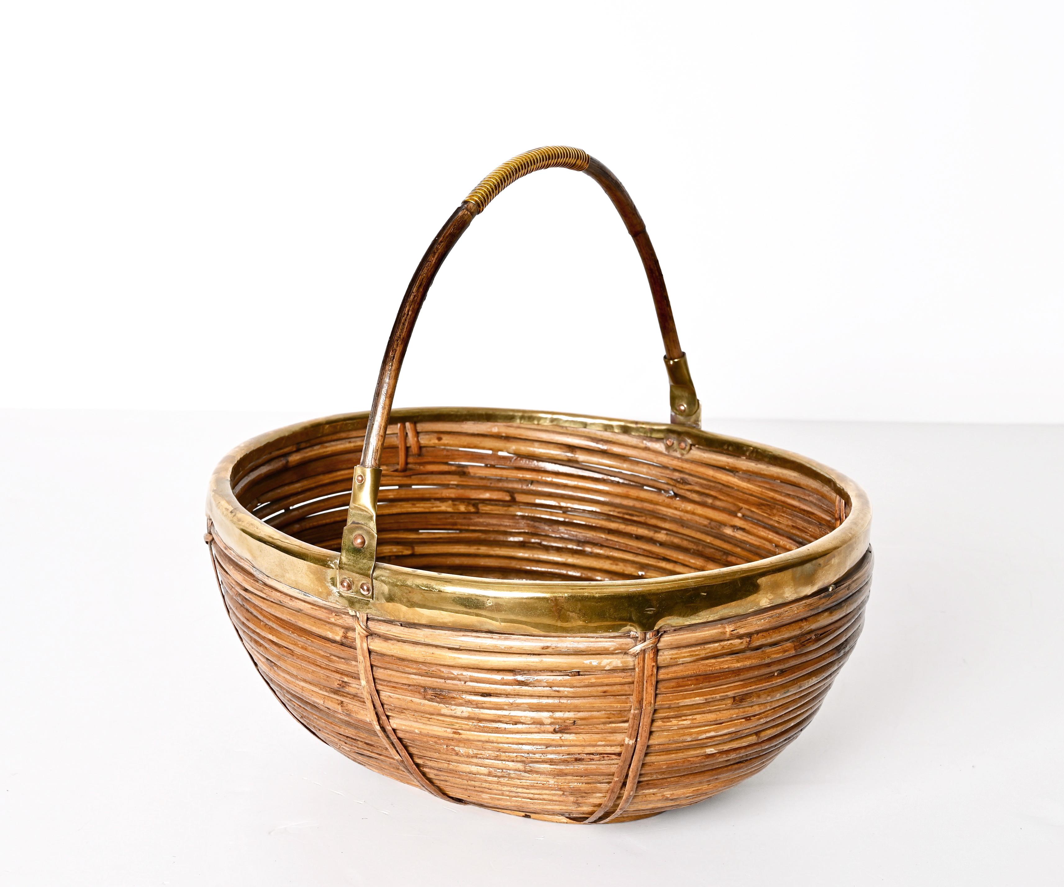 Midcentury Rattan and Brass Italian Decorative Centerpiece Basket, 1970s 8