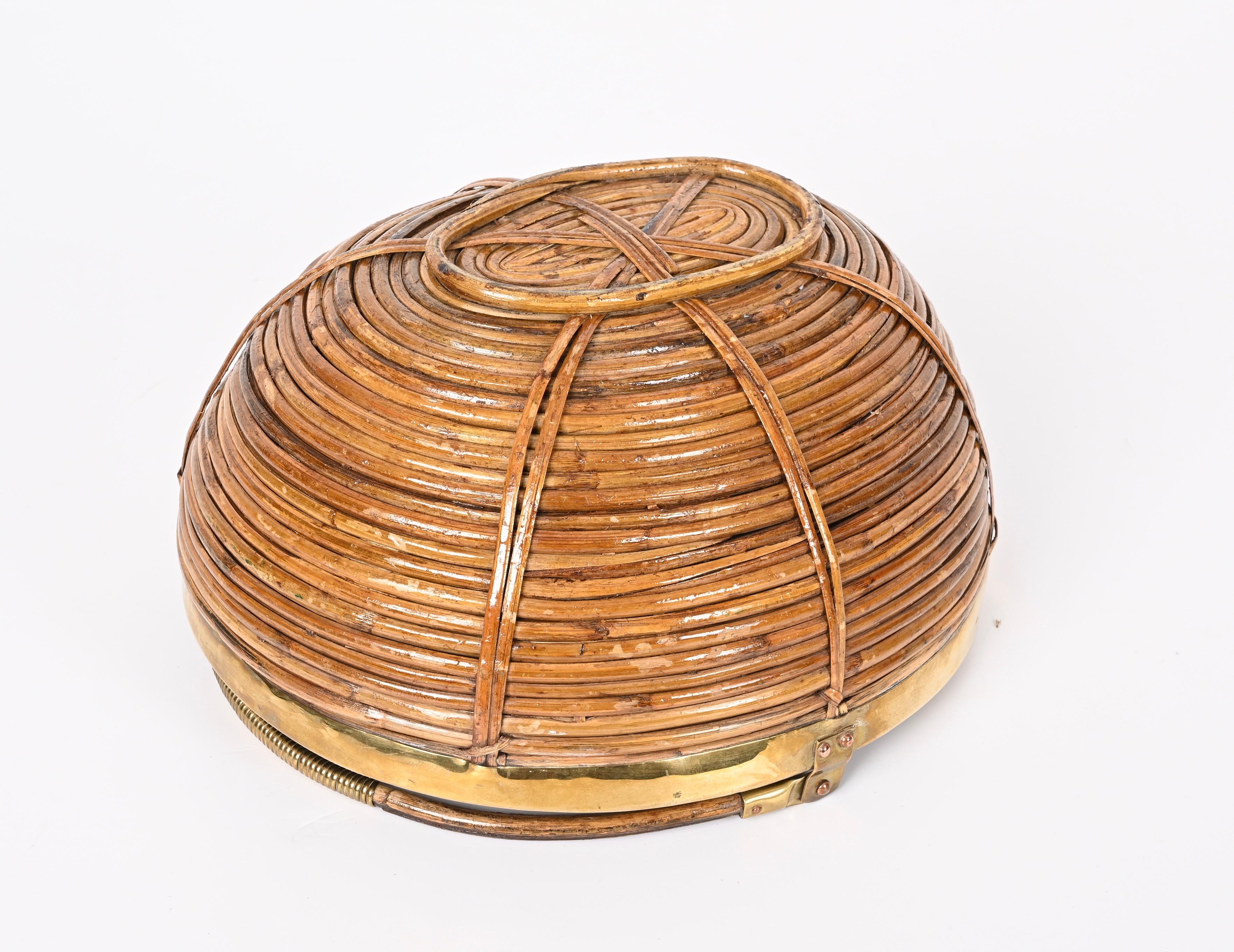 Midcentury Rattan and Brass Italian Decorative Centerpiece Basket, 1970s 10